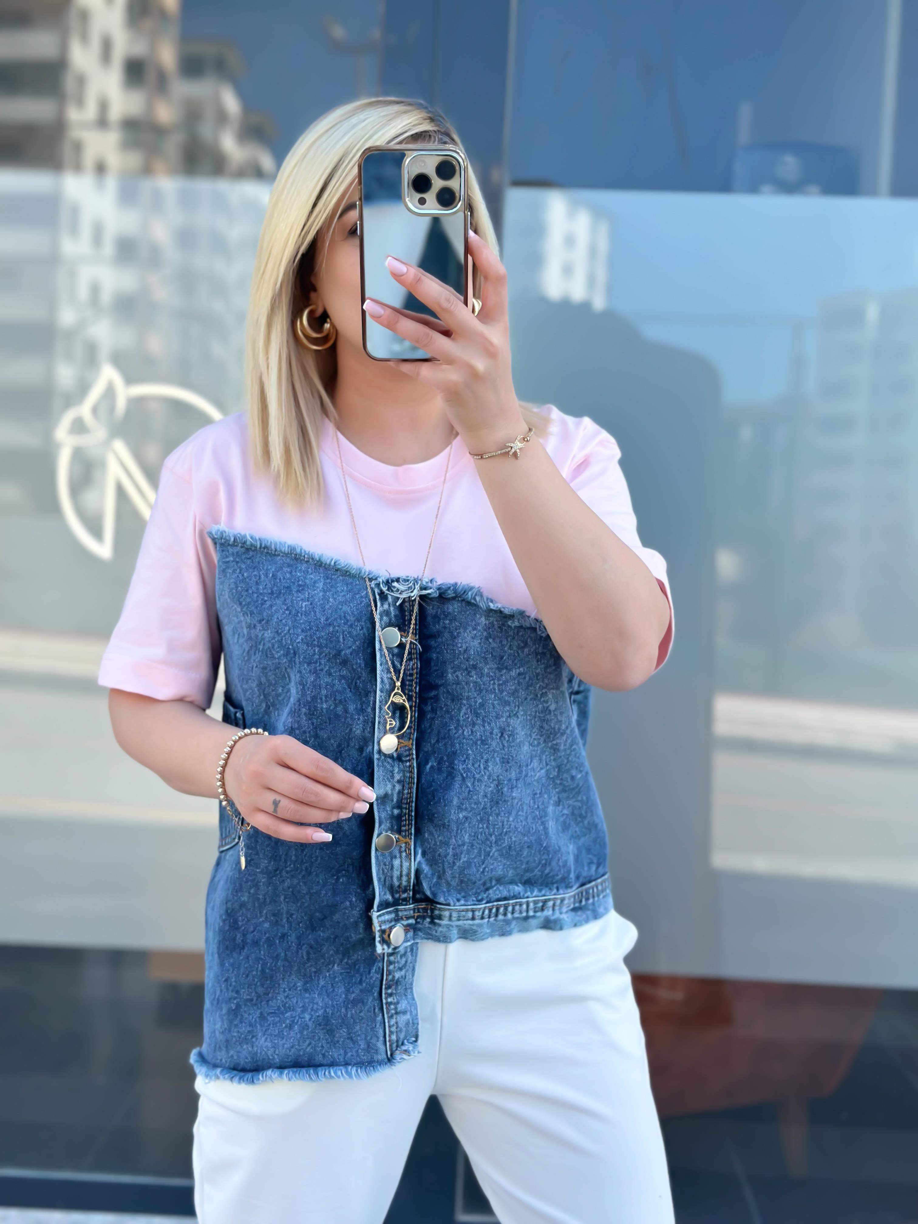 Jean Detaylı Düğmeli Tshirt PUDRA PEMBE-23YUST000043