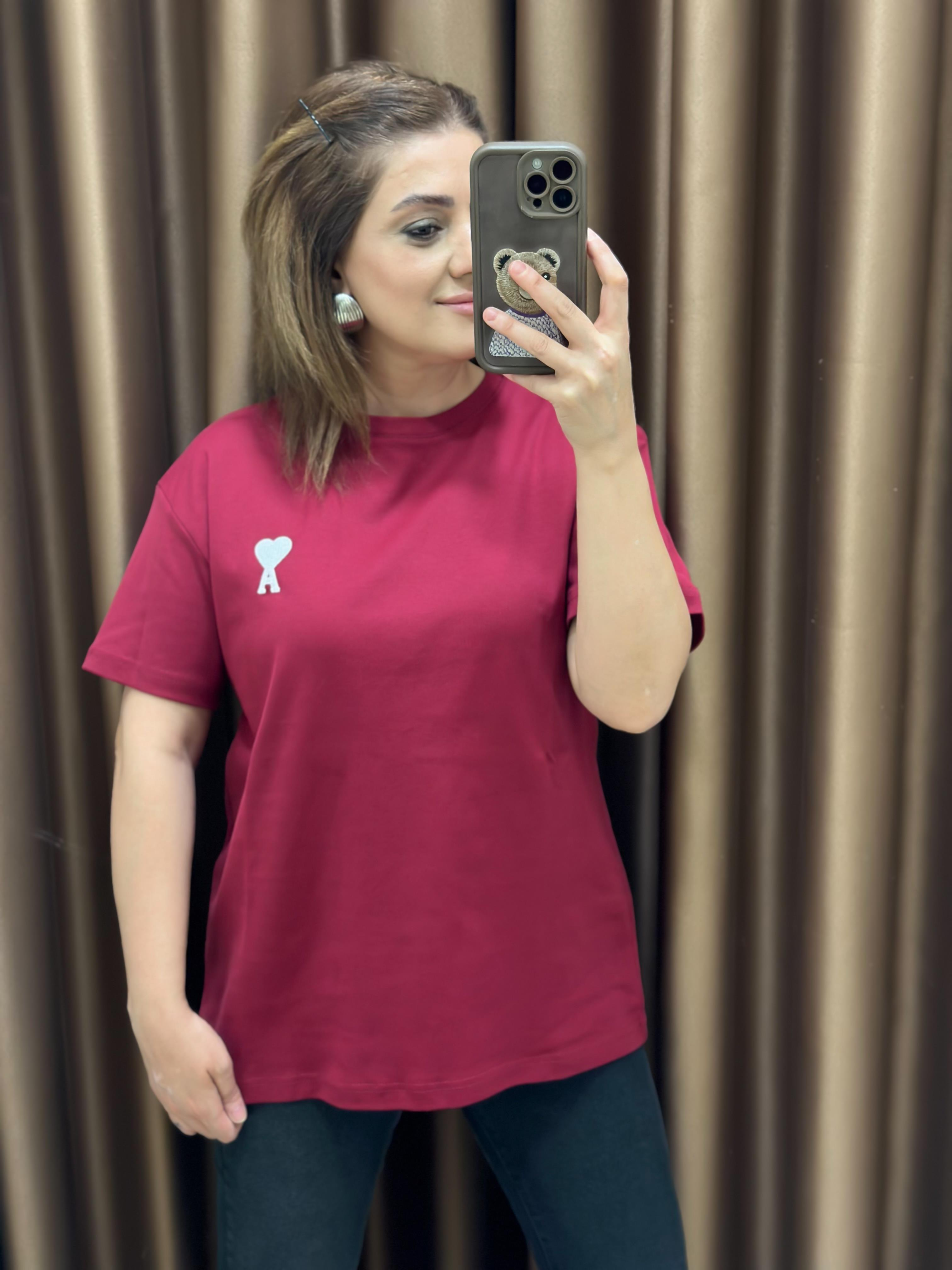 Kalp Detaylı Orjinal Marka Tshirt BORDO-23YUST000275