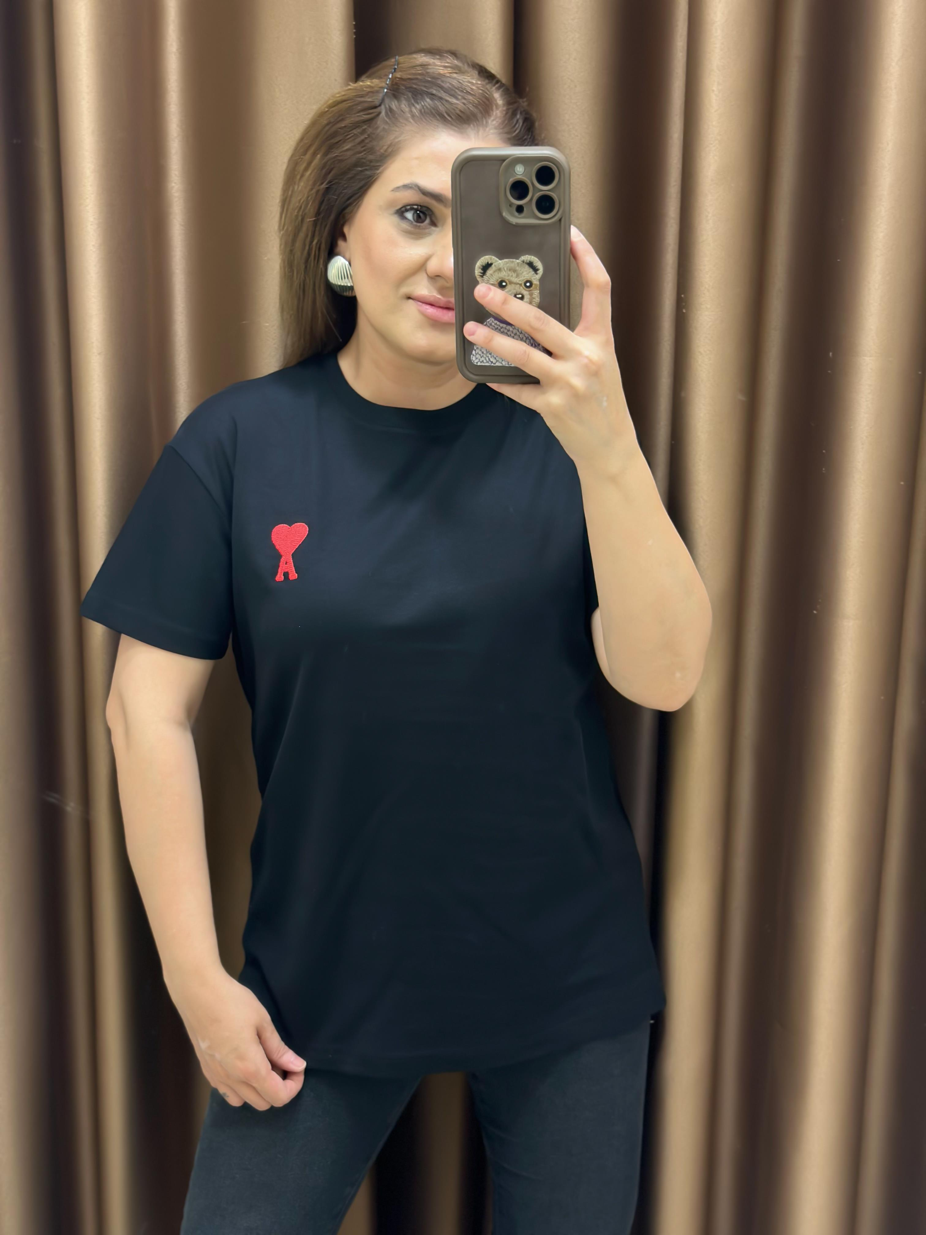 Kalp Detaylı Orjinal Marka Tshirt SİYAH-23YUST000275