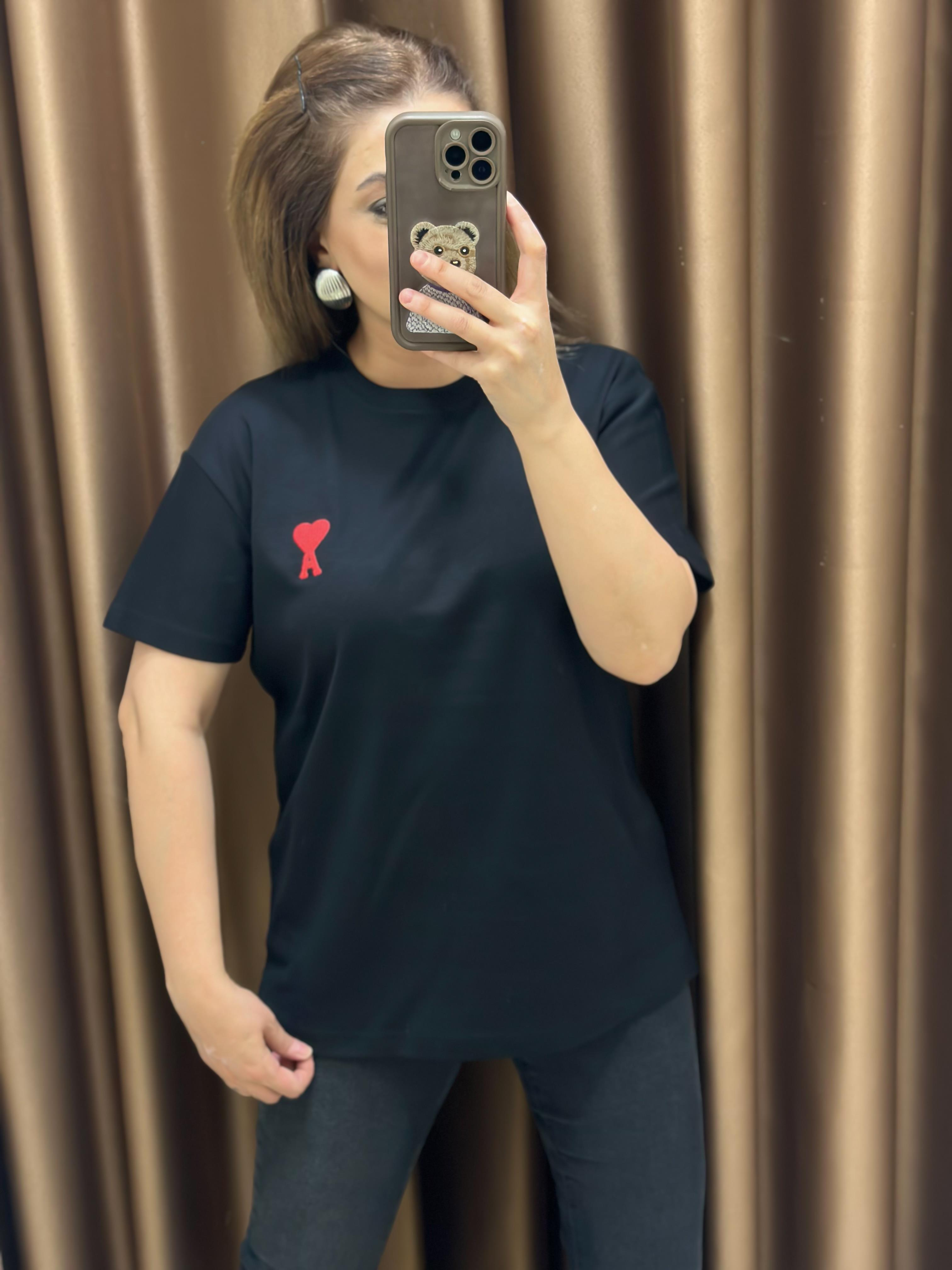 Kalp Detaylı Orjinal Marka Tshirt SİYAH-23YUST000275