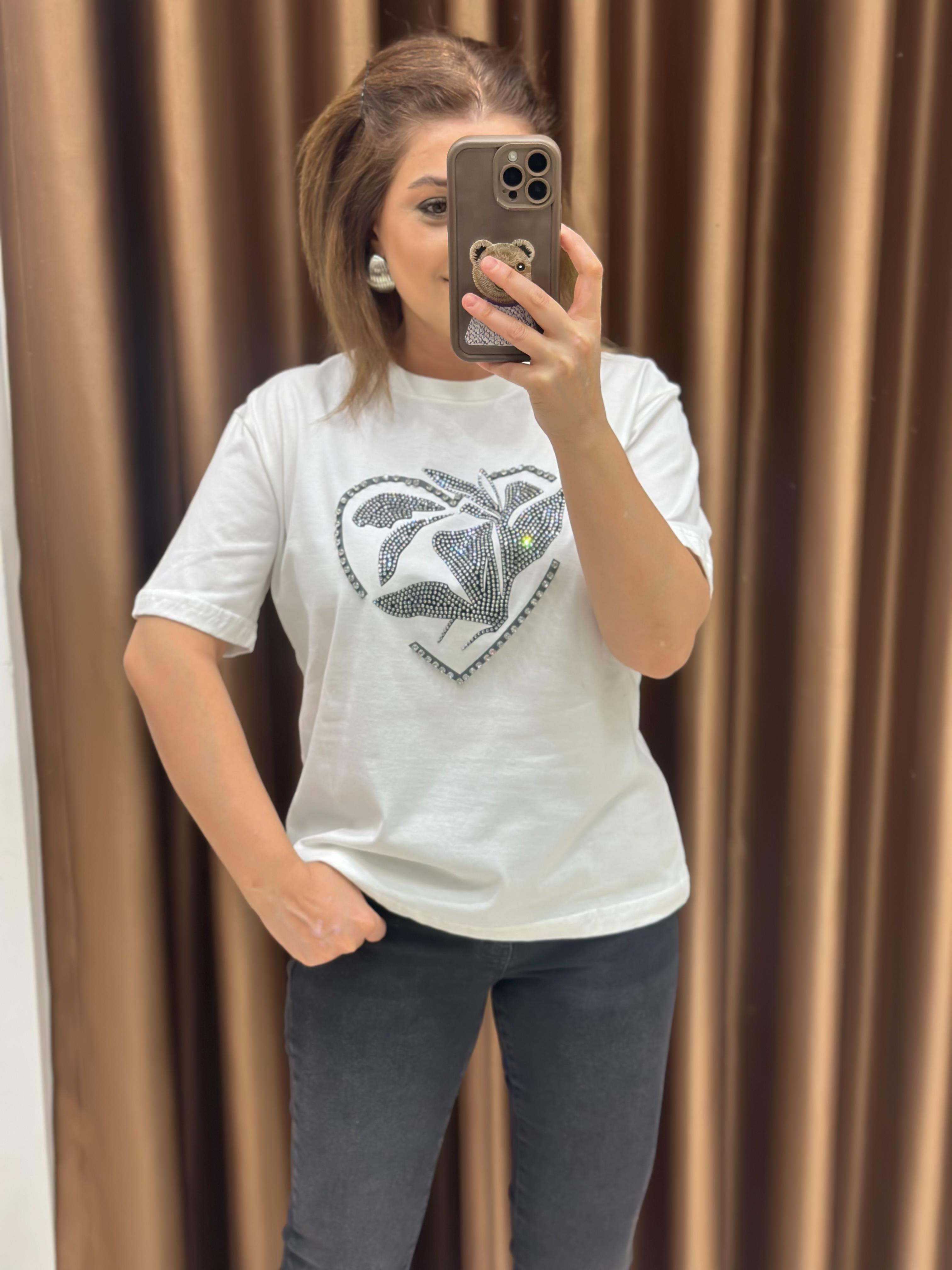 Kalp Taş Desenli Tshirt BEYAZ-23YUST000266