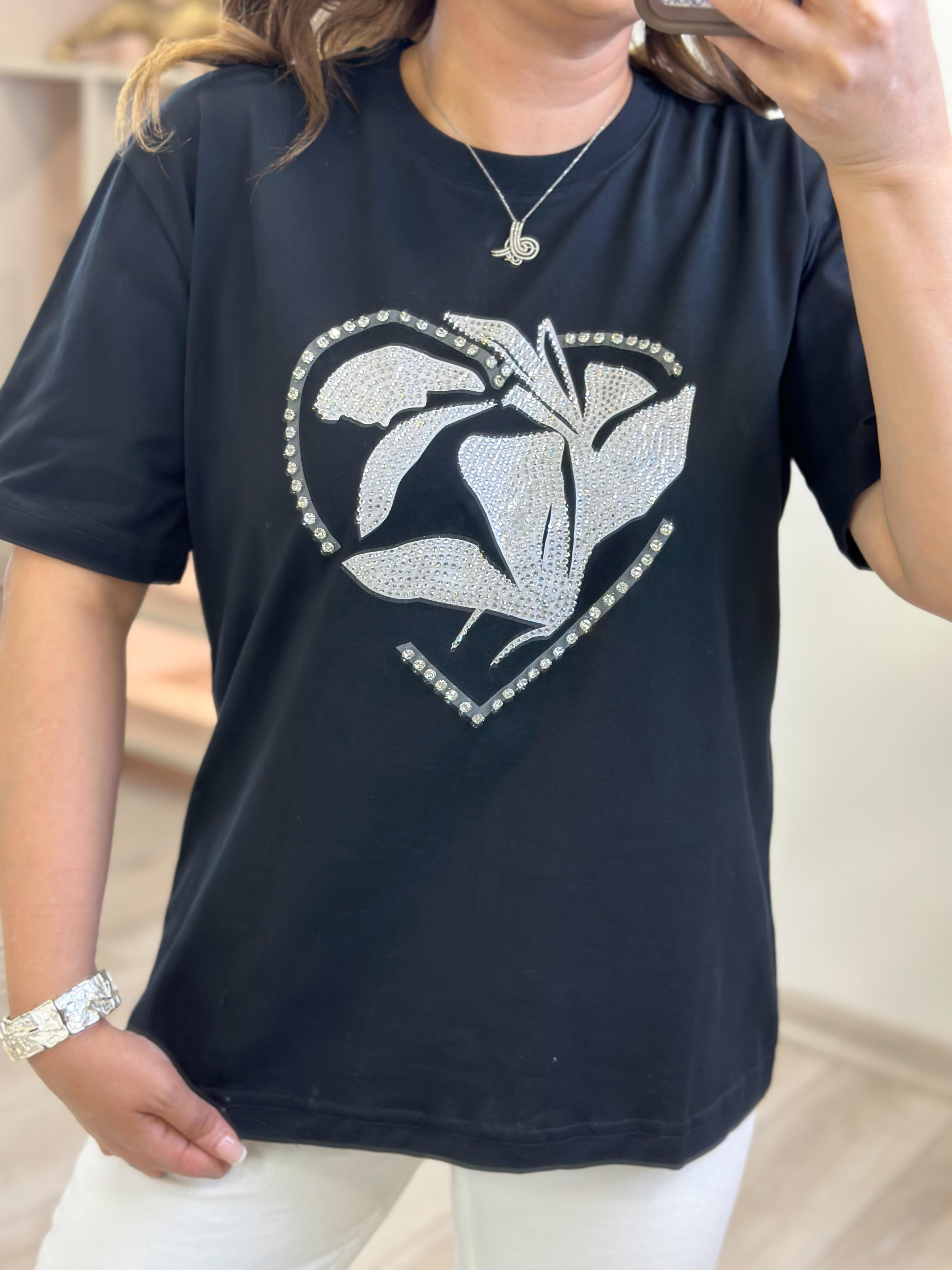 Kalp Taş Desenli Tshirt SİYAH-23YUST000266
