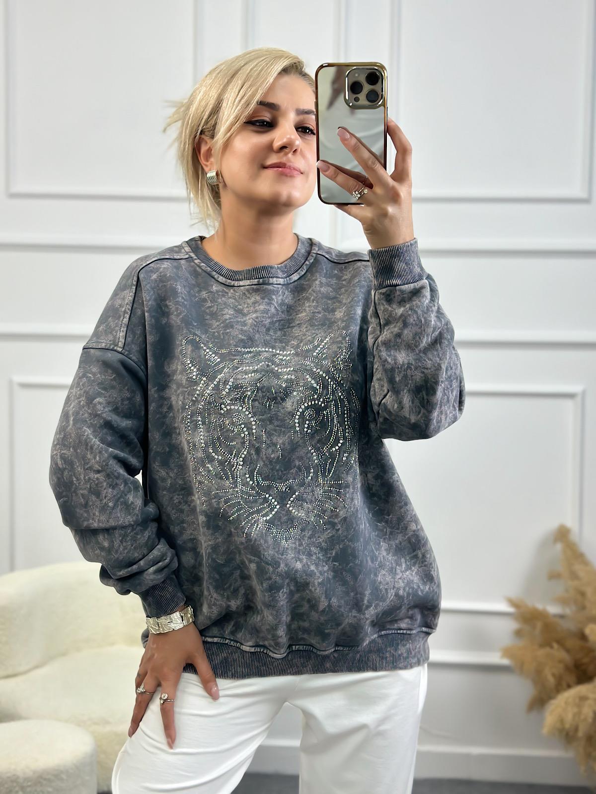 Kaplan Desen Taş İşleme Bisiklet Yaka Yıkama Kumaş Oversize Sweatshirt ANTRASİT-23YUST000139