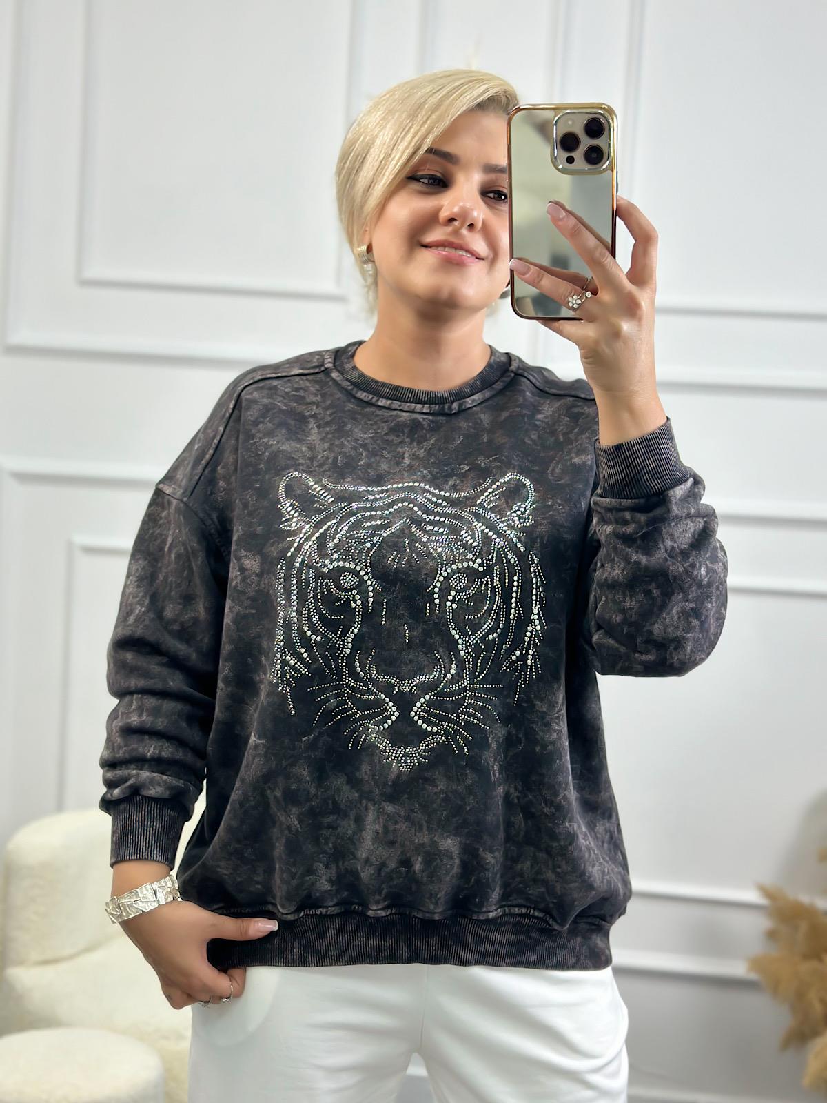 Kaplan Desen Taş İşleme Bisiklet Yaka Yıkama Kumaş Oversize Sweatshirt FÜME-23YUST000139
