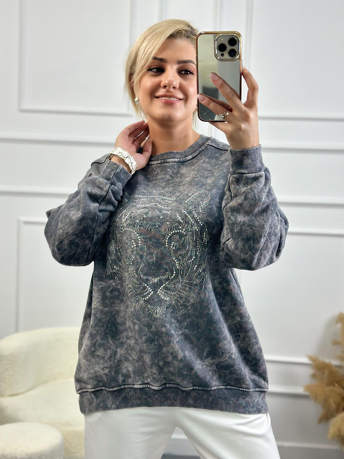 Kaplan Desen Taş İşleme Bisiklet Yaka Yıkama Kumaş Oversize Sweatshirt ANTRASİT-23YUST000139