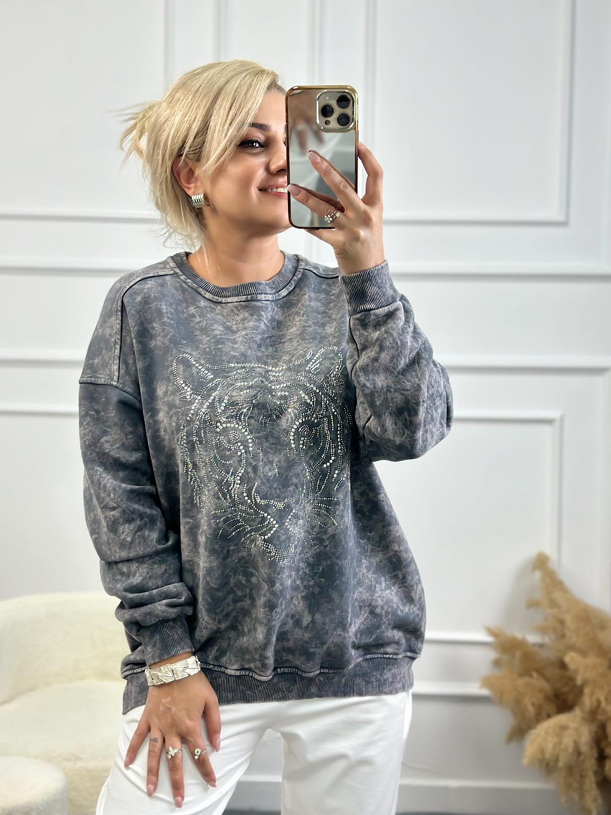 Kaplan Desen Taş İşleme Bisiklet Yaka Yıkama Kumaş Oversize Sweatshirt ANTRASİT-23YUST000139