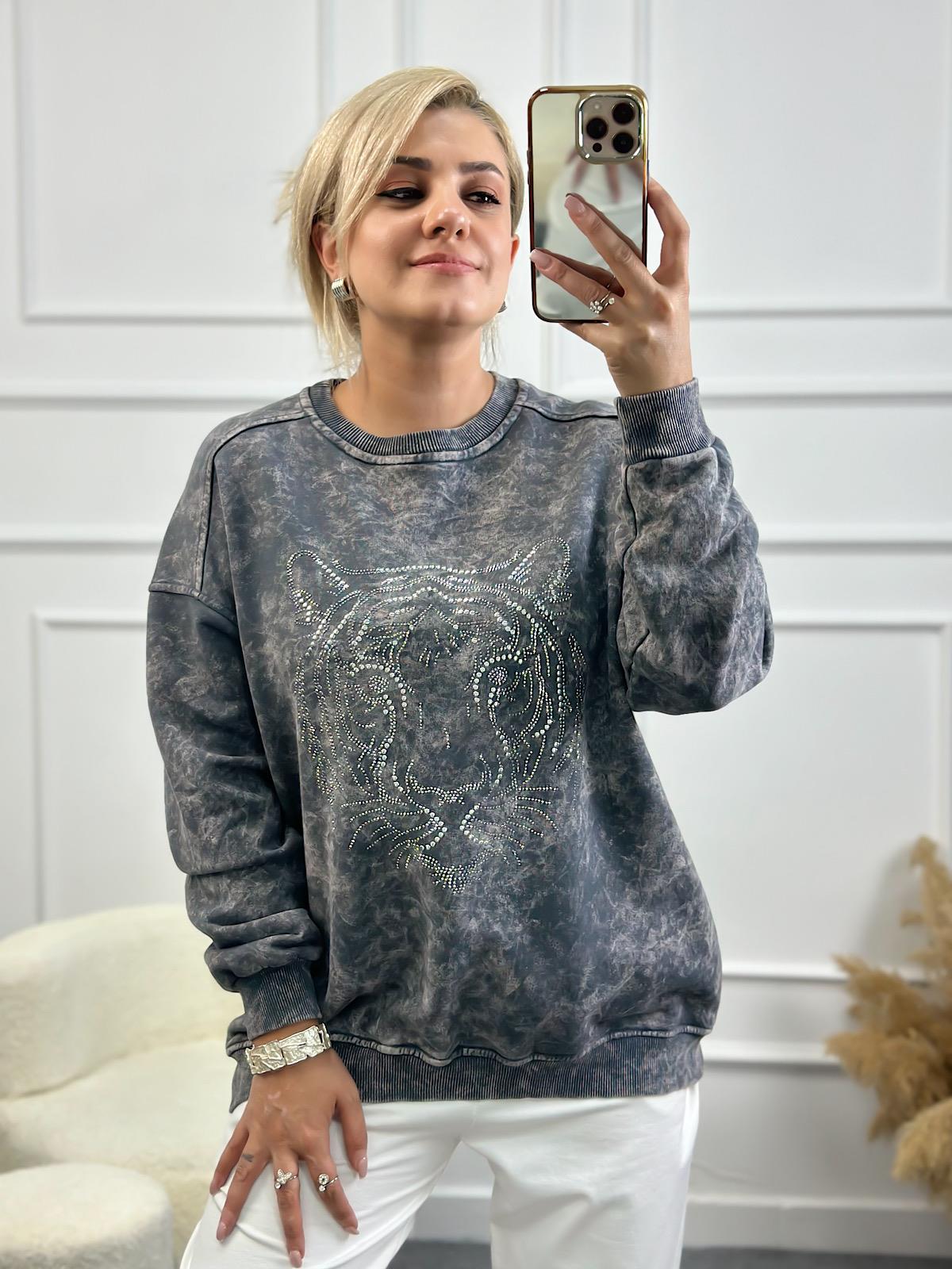 Kaplan Desen Taş İşleme Bisiklet Yaka Yıkama Kumaş Oversize Sweatshirt ANTRASİT-23YUST000139