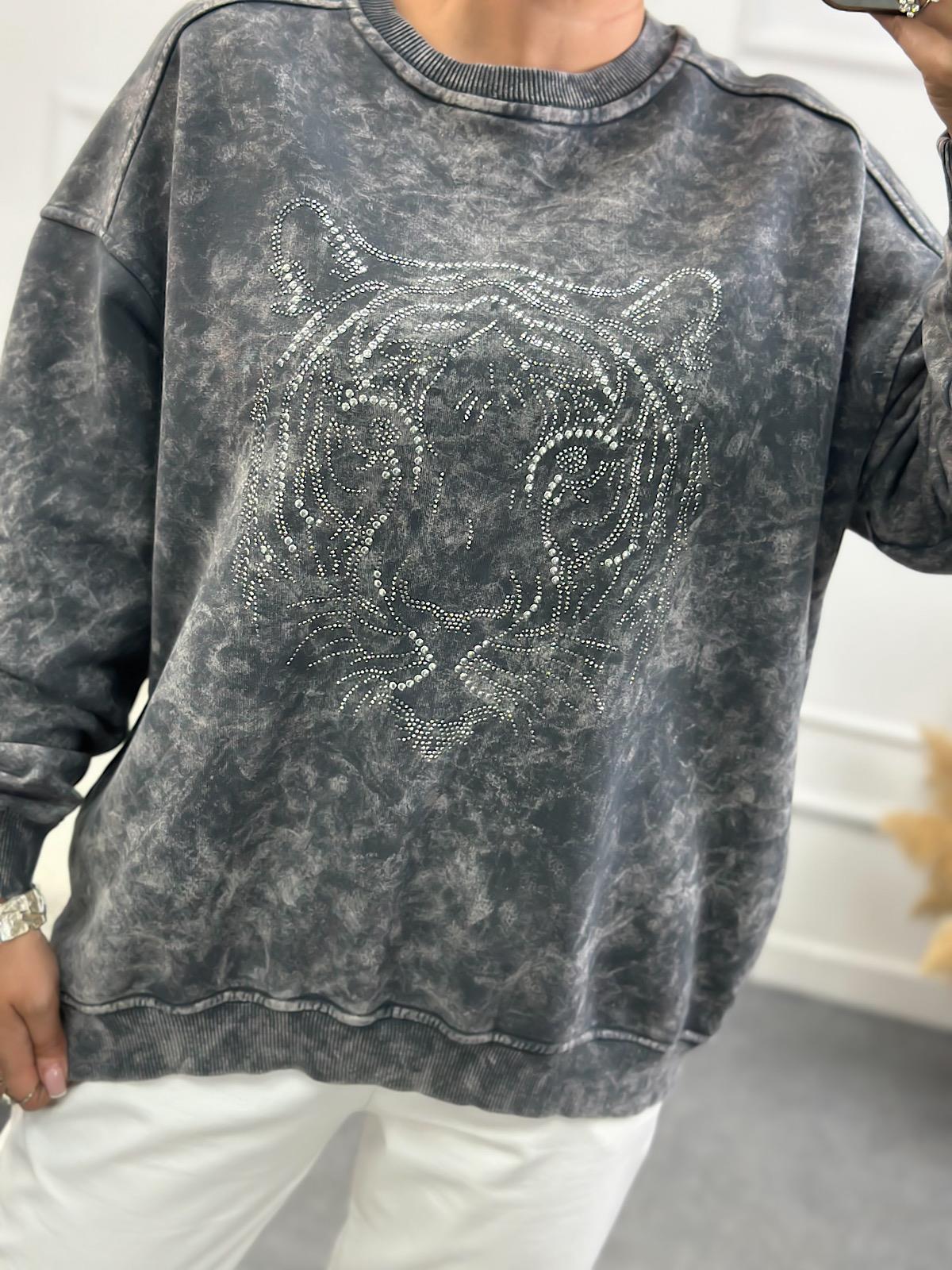 Kaplan Desen Taş İşleme Bisiklet Yaka Yıkama Kumaş Oversize Sweatshirt ANTRASİT-23YUST000139