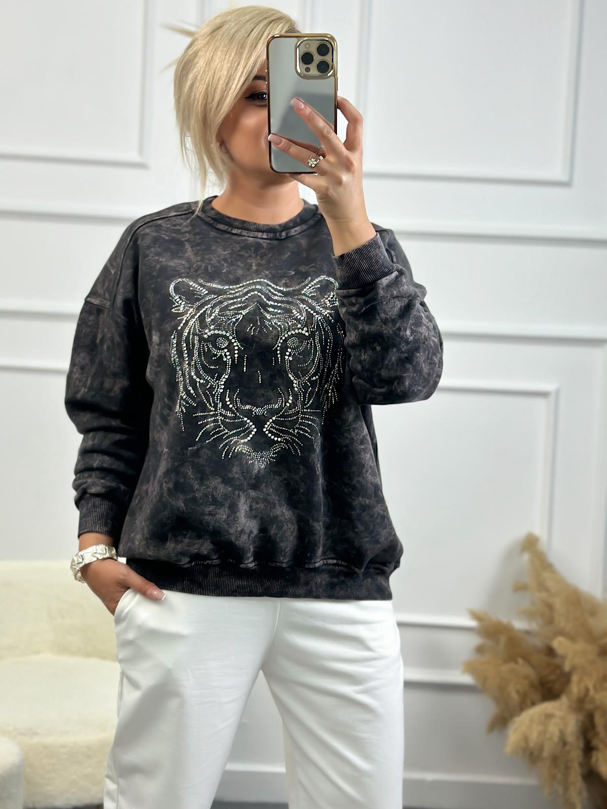 Kaplan Desen Taş İşleme Bisiklet Yaka Yıkama Kumaş Oversize Sweatshirt FÜME-23YUST000139