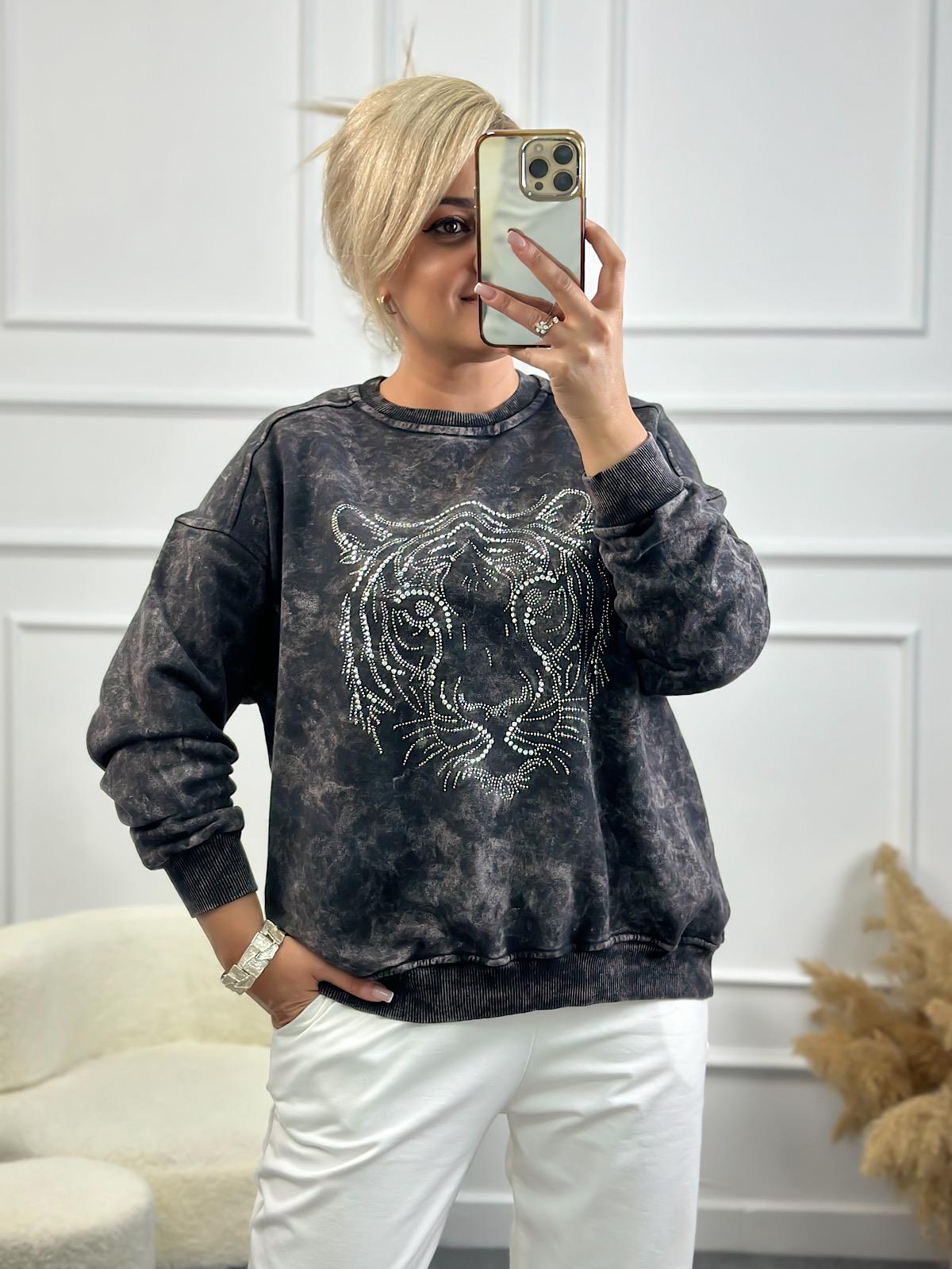 Kaplan Desen Taş İşleme Bisiklet Yaka Yıkama Kumaş Oversize Sweatshirt FÜME-23YUST000139