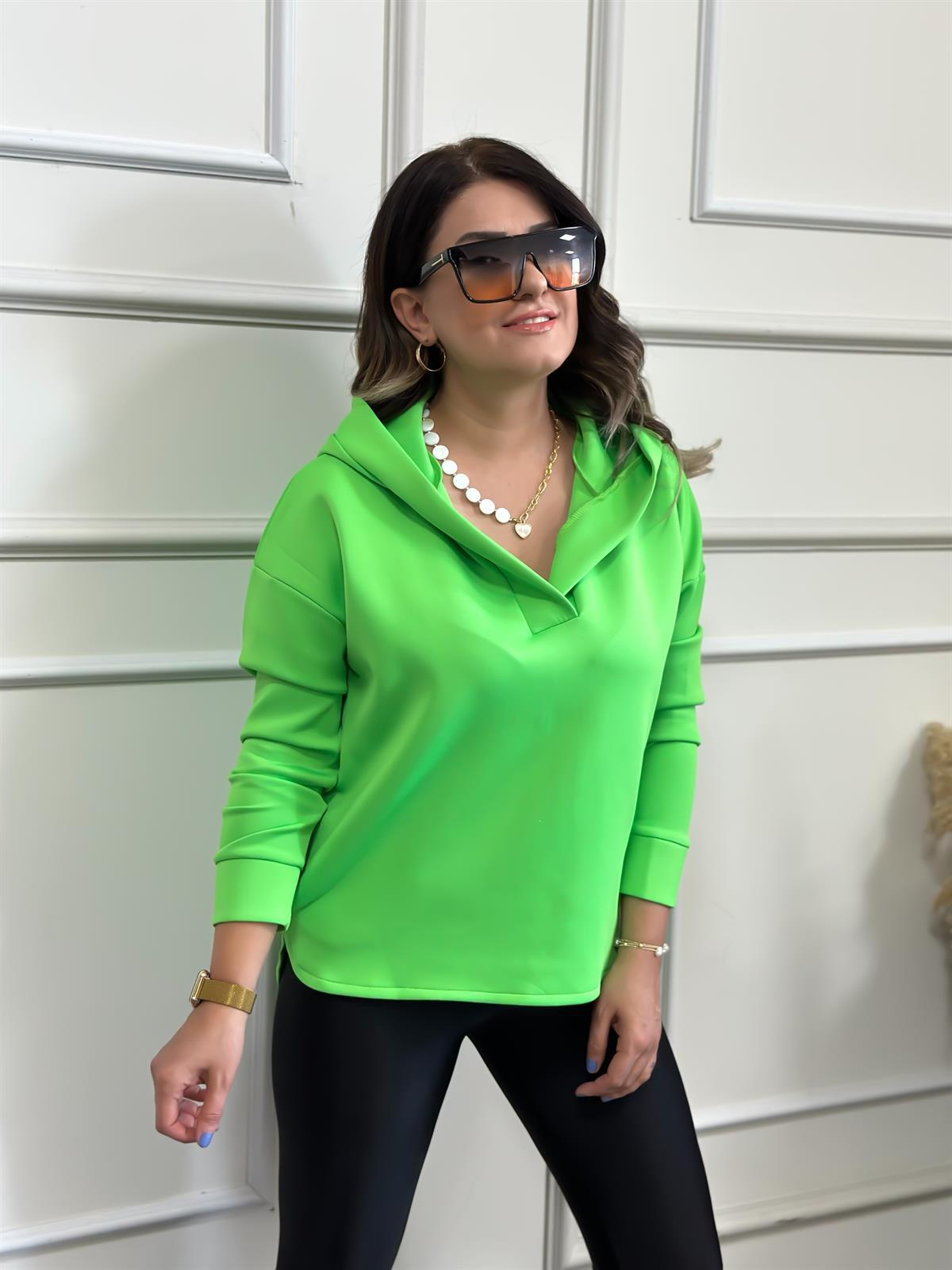 Kapşonlu Scuba Sweatshırt NEON YEŞİL-23KUST000009
