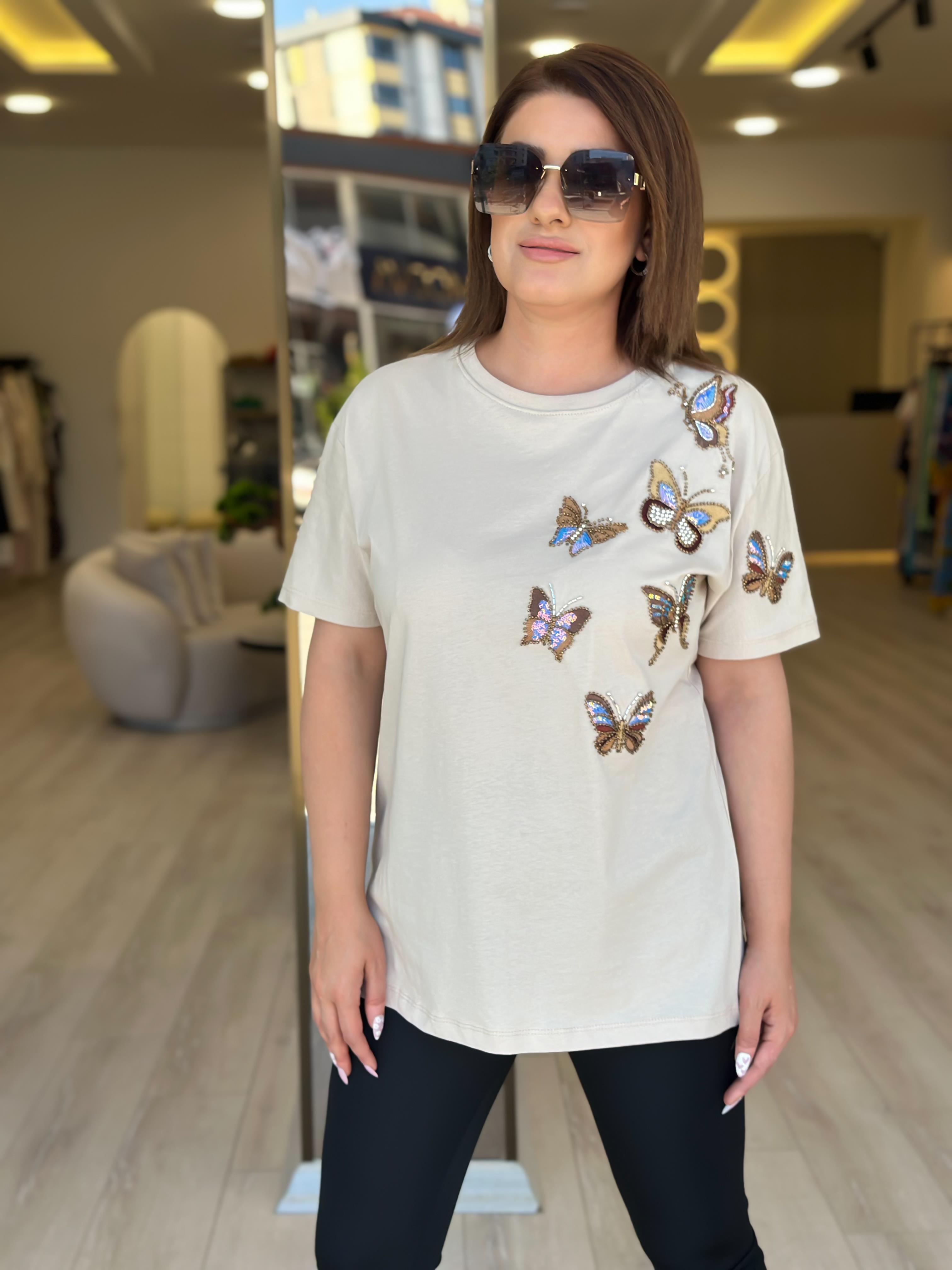 Kelebek Baskı DetaylI Tshirt BEJ-23YUST000236