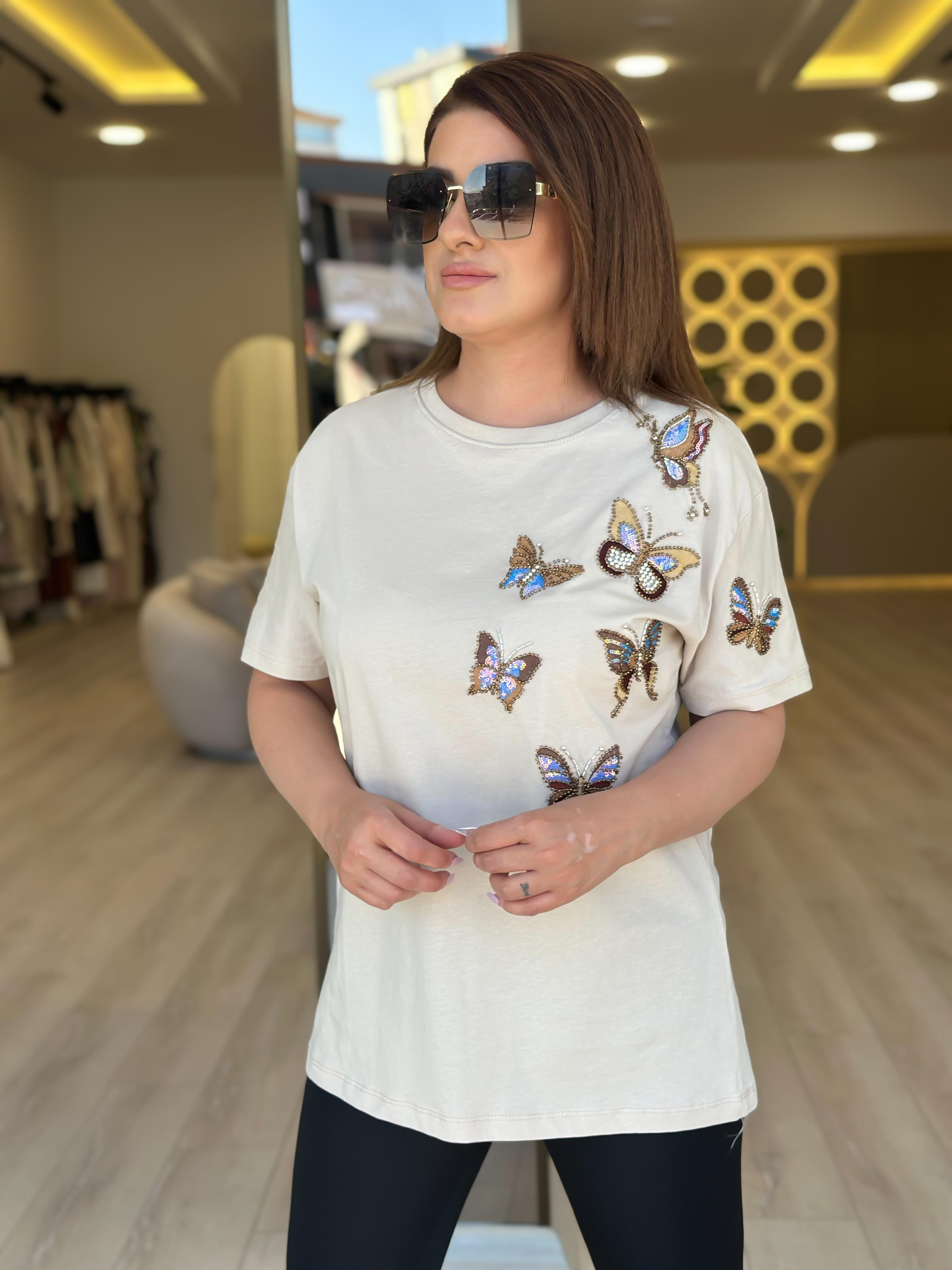 Kelebek Baskı DetaylI Tshirt BEJ-23YUST000236