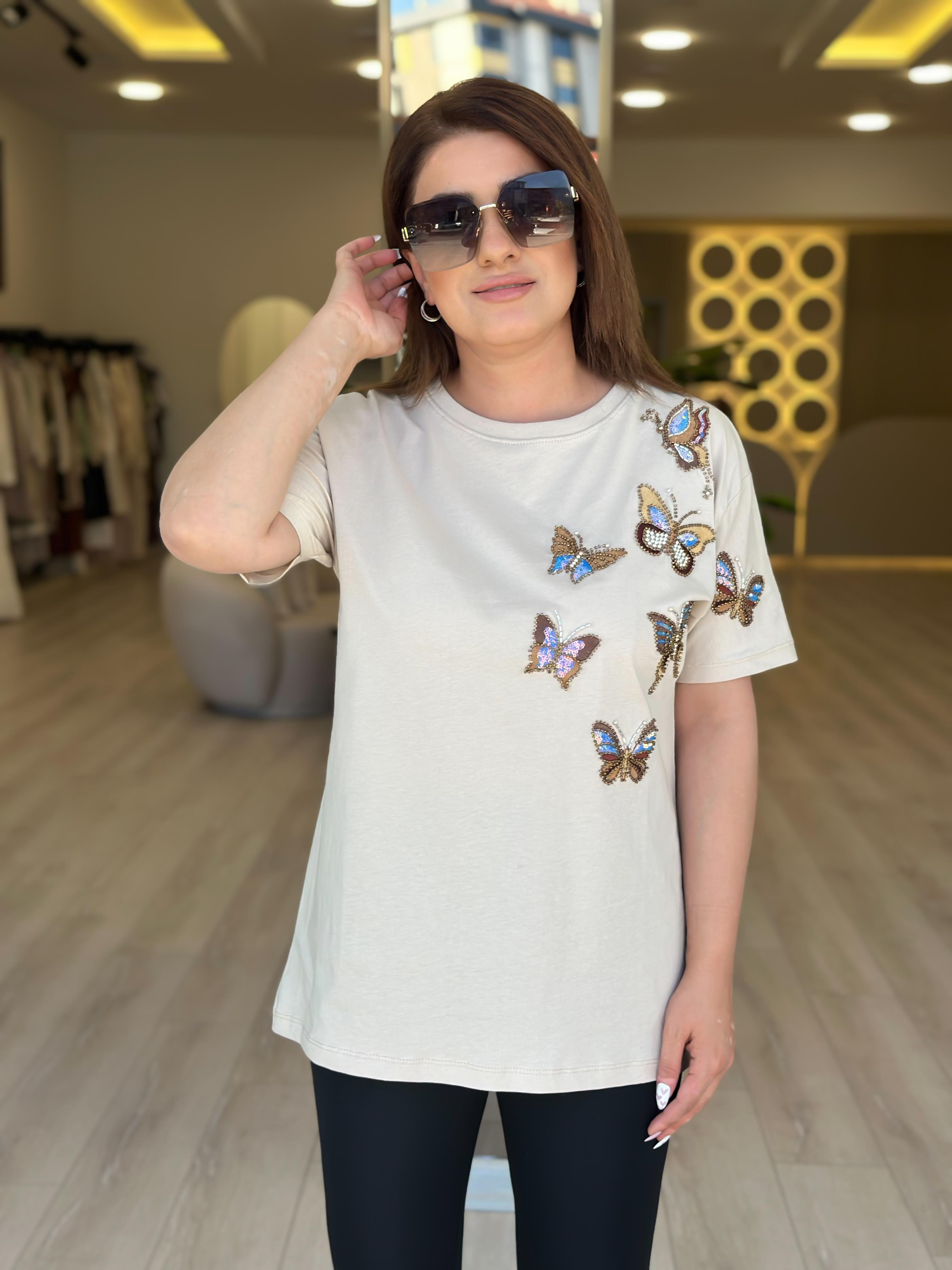 Kelebek Baskı DetaylI Tshirt BEJ-23YUST000236