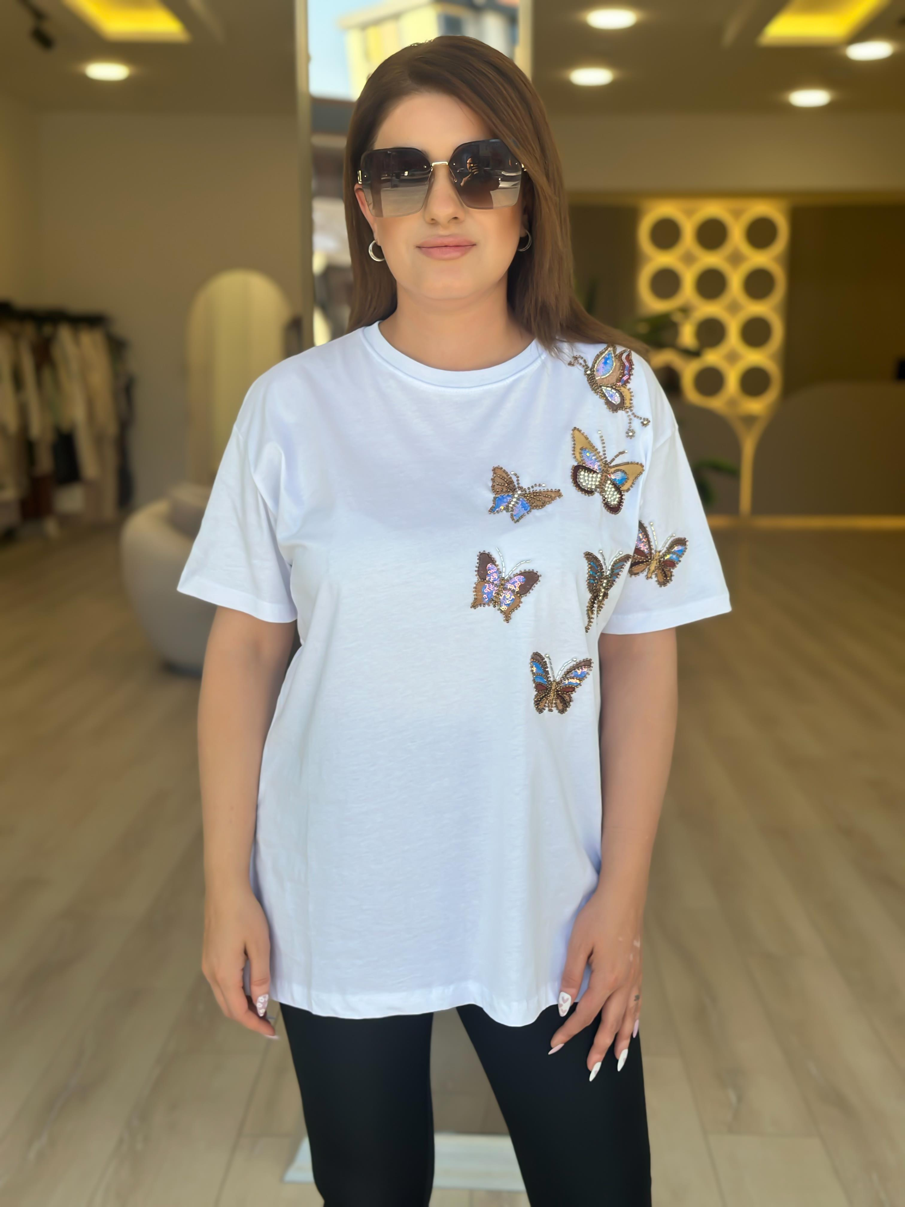 Kelebek Baskı DetaylI Tshirt BEYAZ-23YUST000236