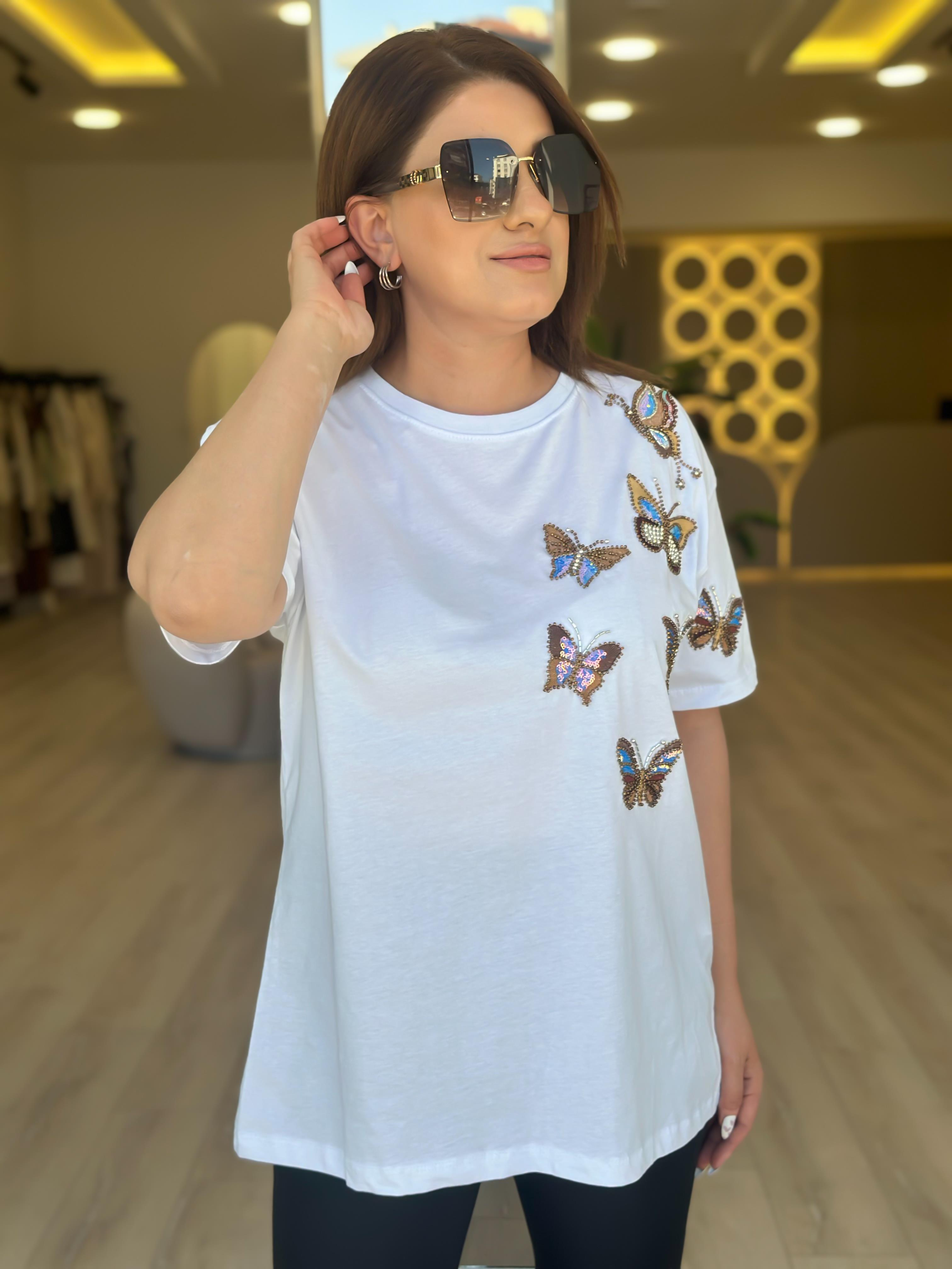 Kelebek Baskı DetaylI Tshirt BEYAZ-23YUST000236