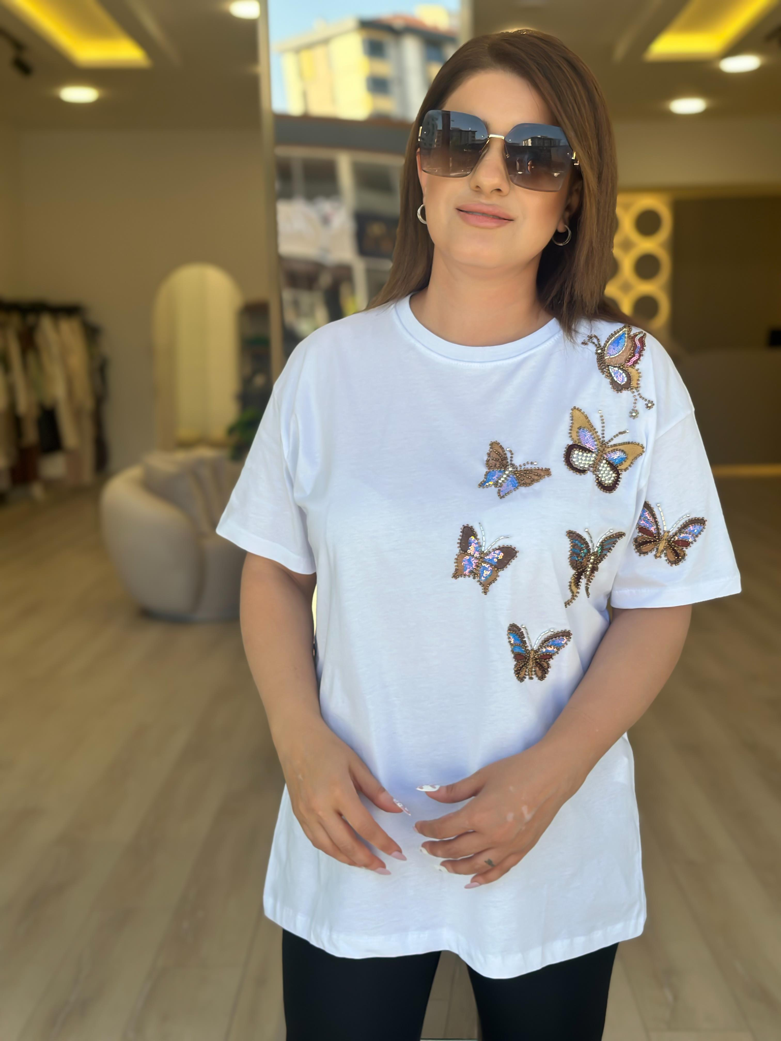 Kelebek Baskı DetaylI Tshirt BEYAZ-23YUST000236