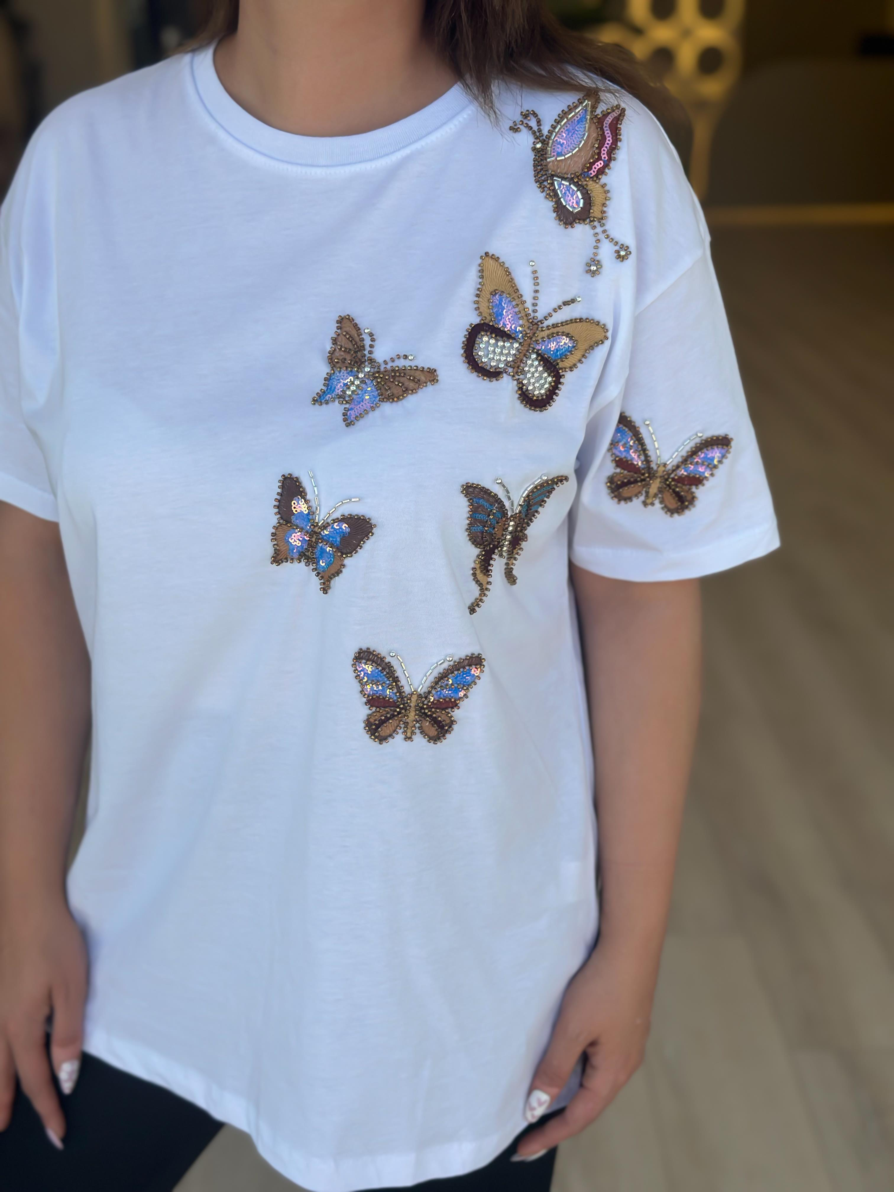 Kelebek Baskı DetaylI Tshirt BEYAZ-23YUST000236
