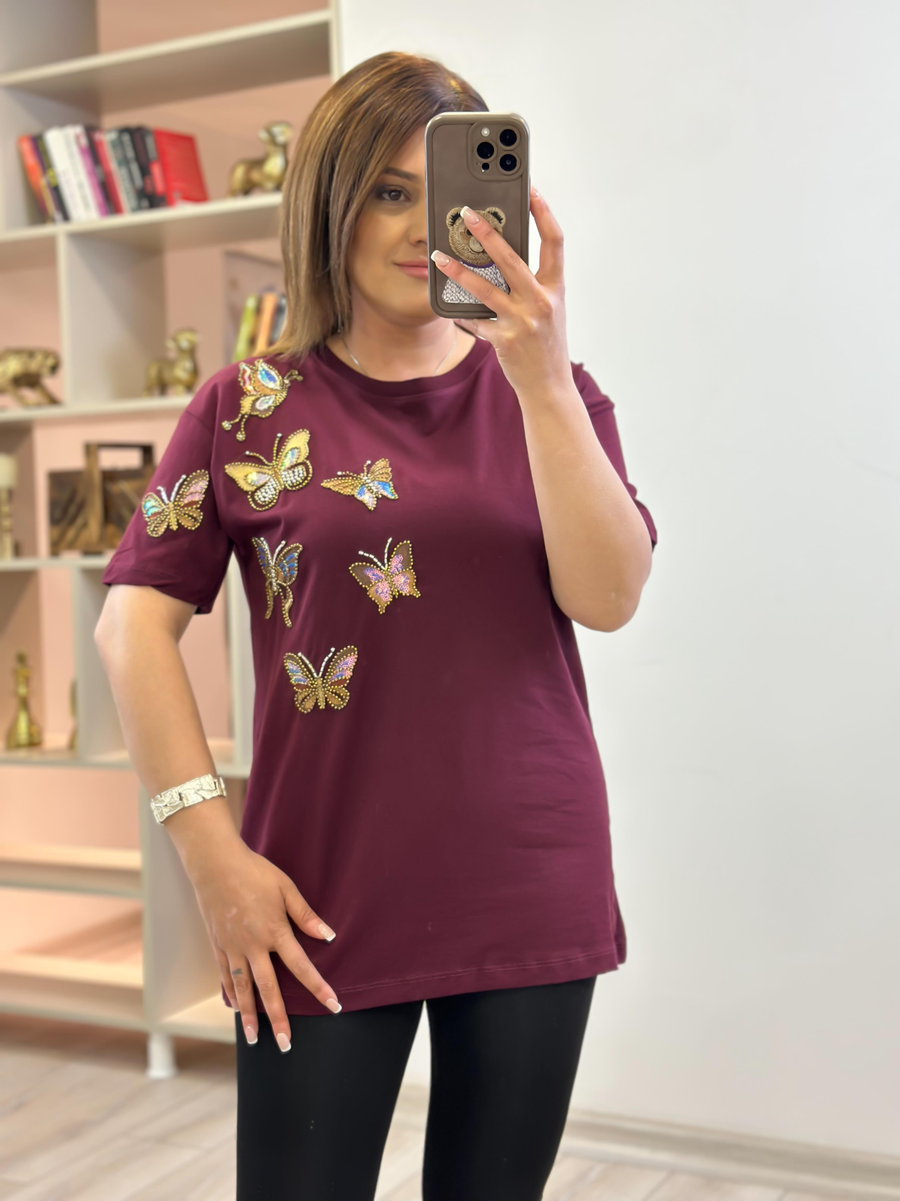 Kelebek Baskı DetaylI Tshirt BORDO-23YUST000236