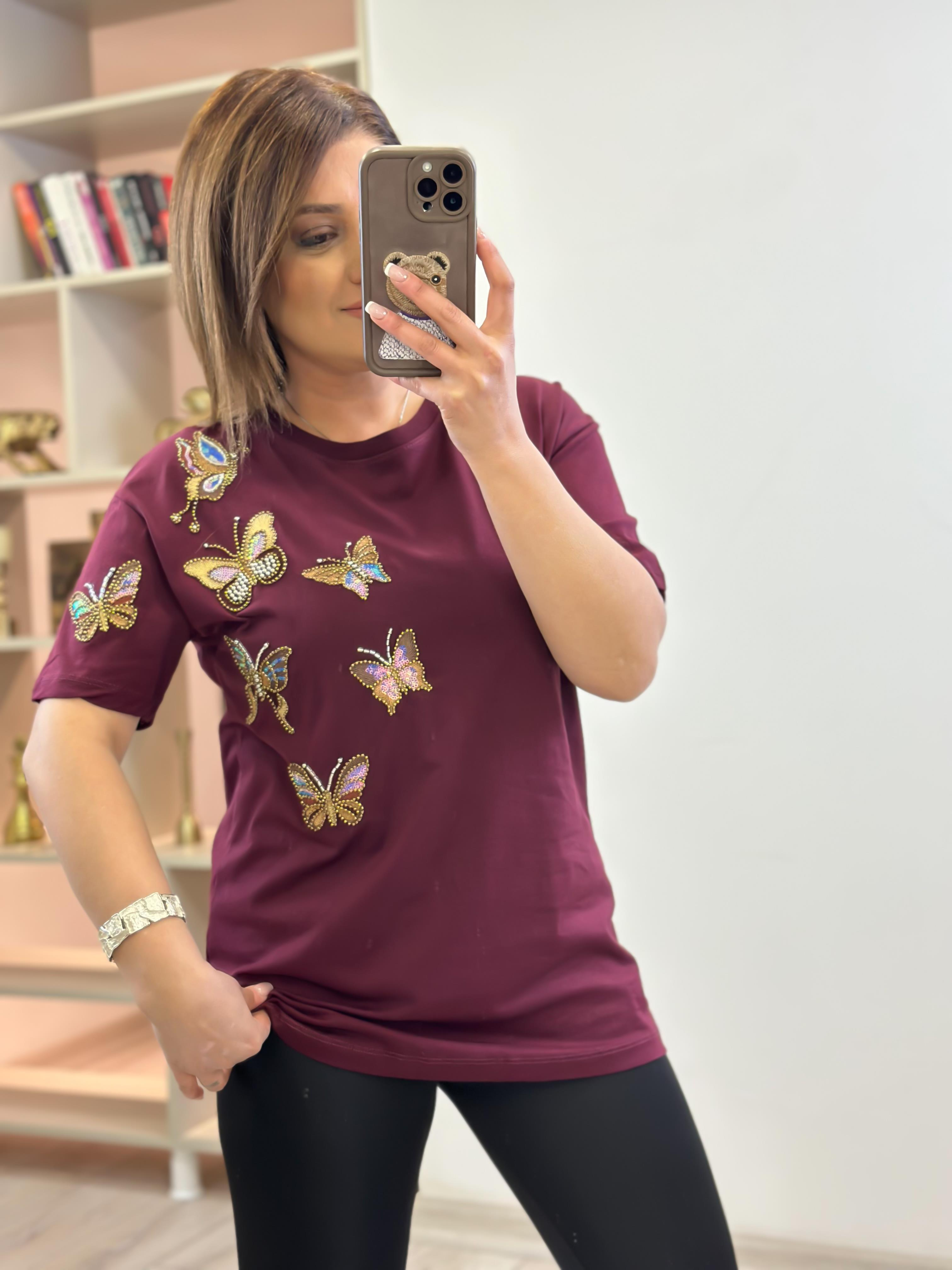 Kelebek Baskı DetaylI Tshirt BORDO-23YUST000236