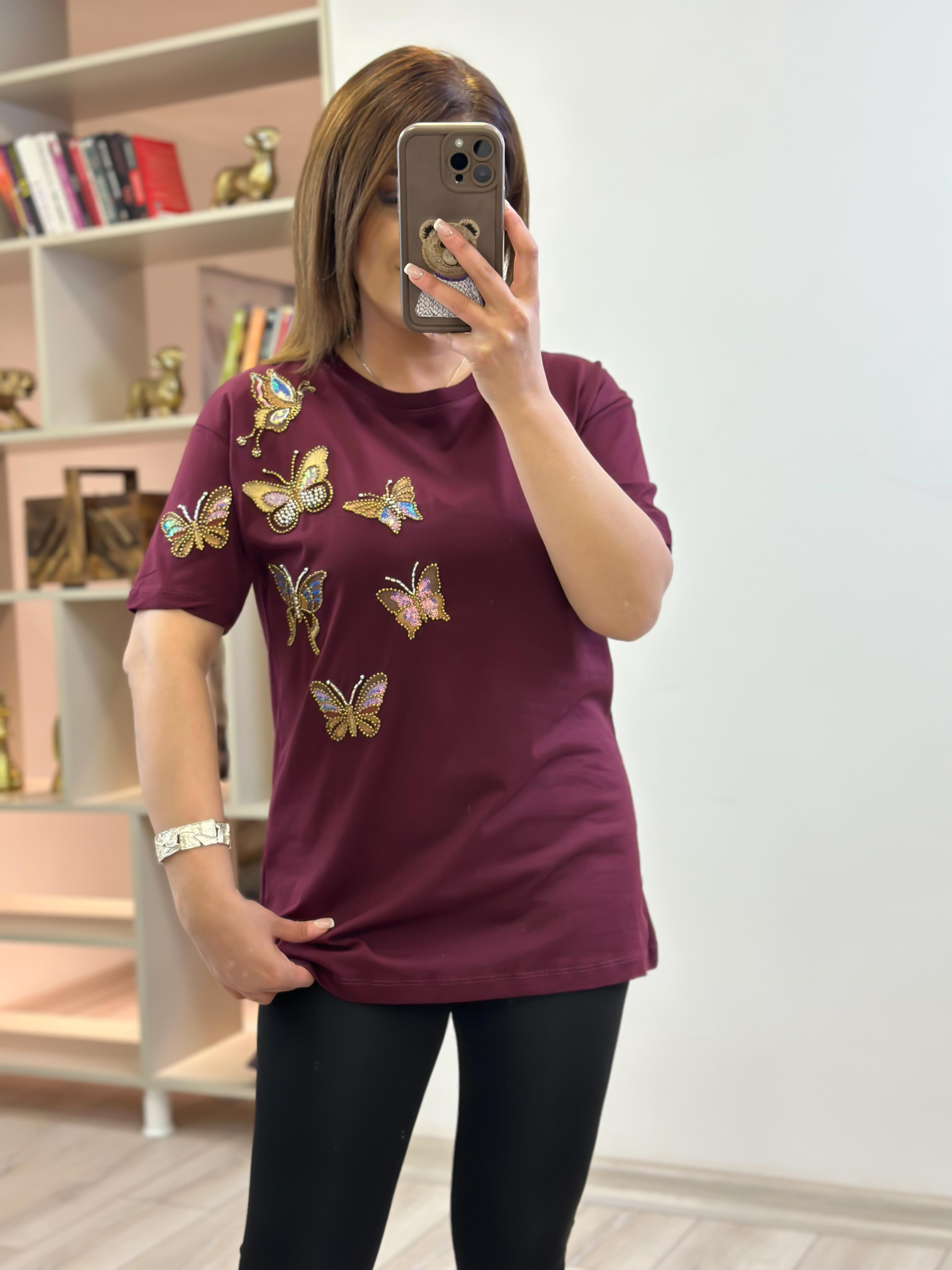 Kelebek Baskı DetaylI Tshirt BORDO-23YUST000236