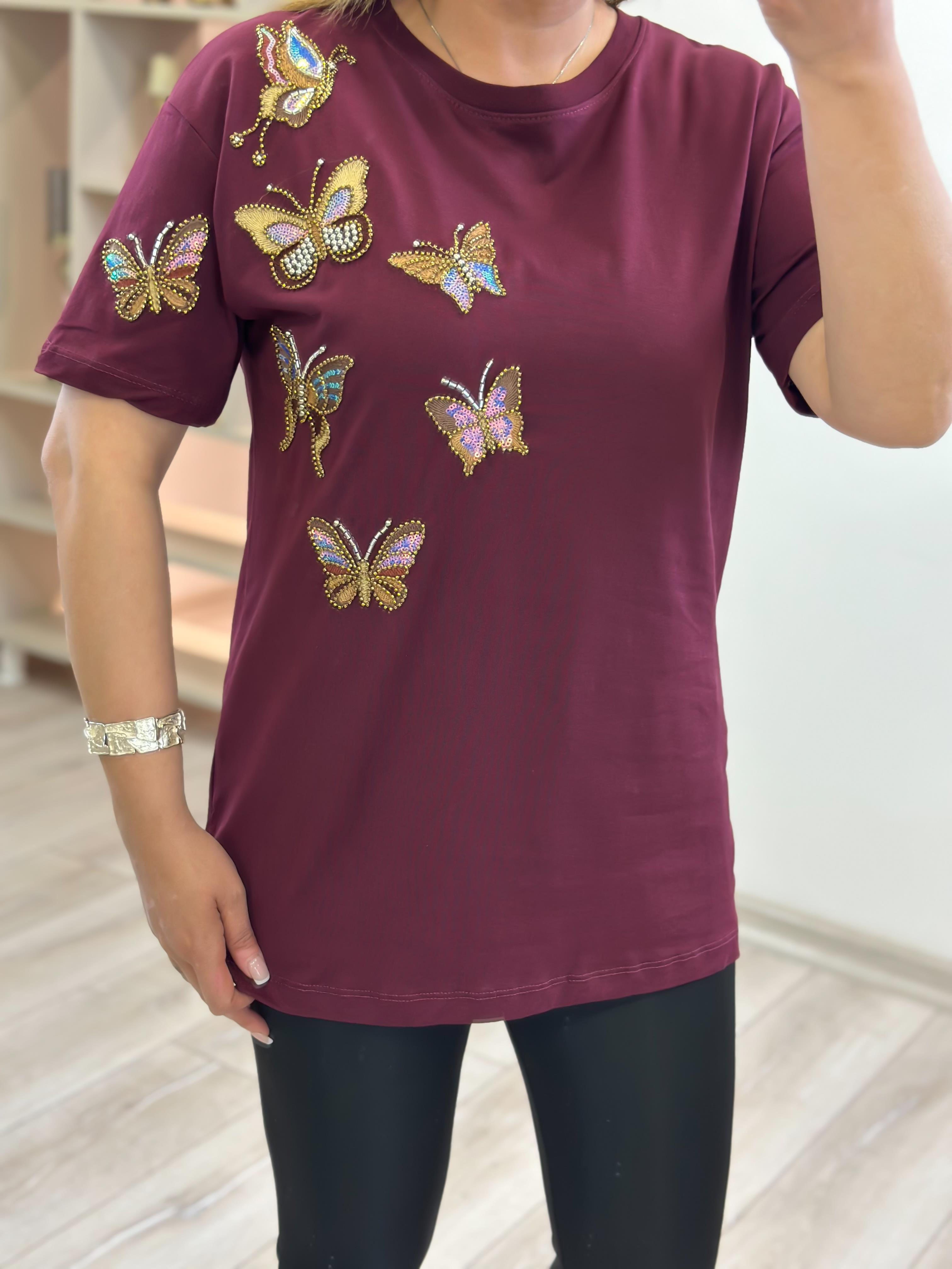 Kelebek Baskı DetaylI Tshirt BORDO-23YUST000236