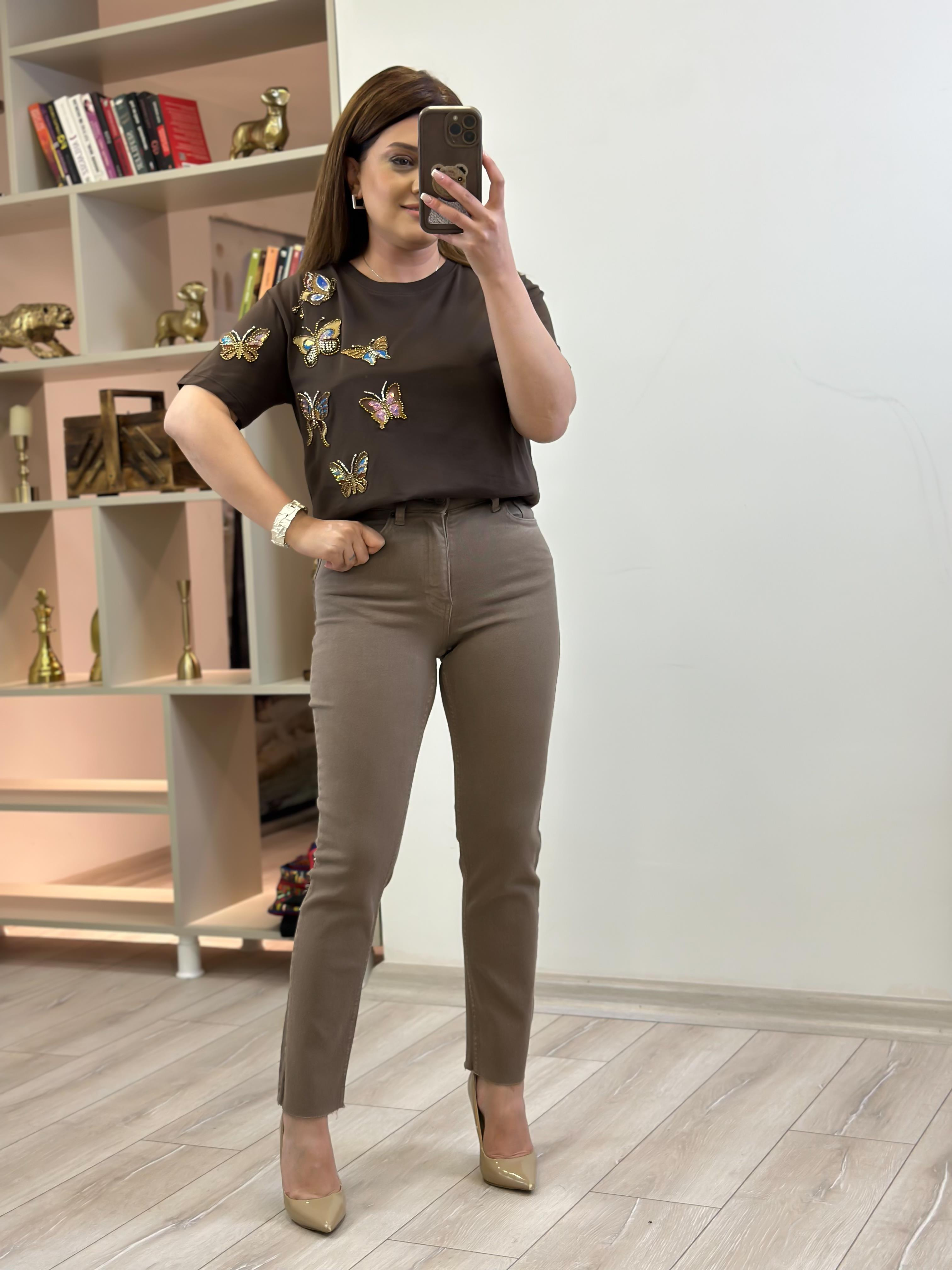 Kelebek Baskı DetaylI Tshirt KAHVE-23YUST000236