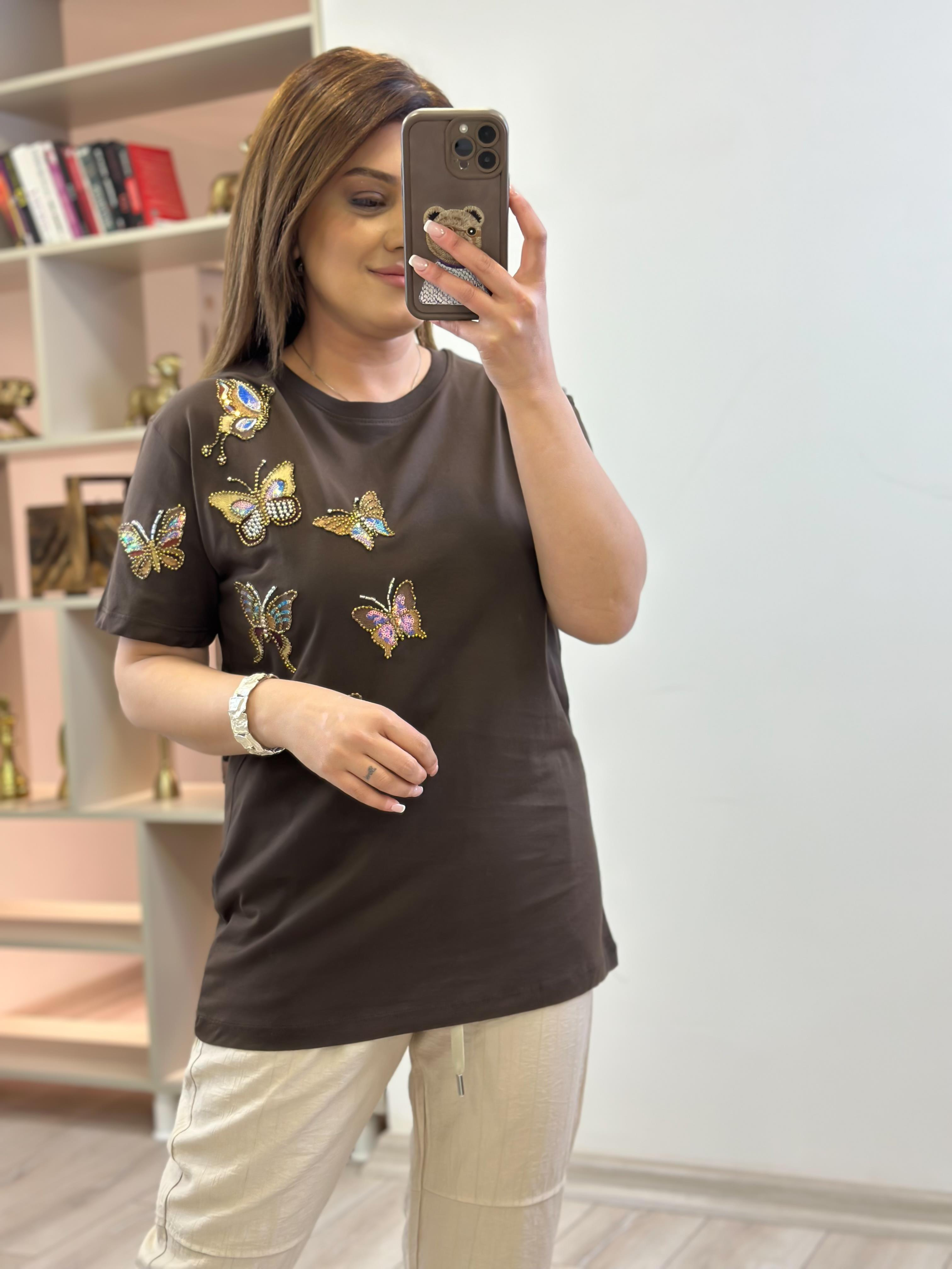 Kelebek Baskı DetaylI Tshirt KAHVE-23YUST000236
