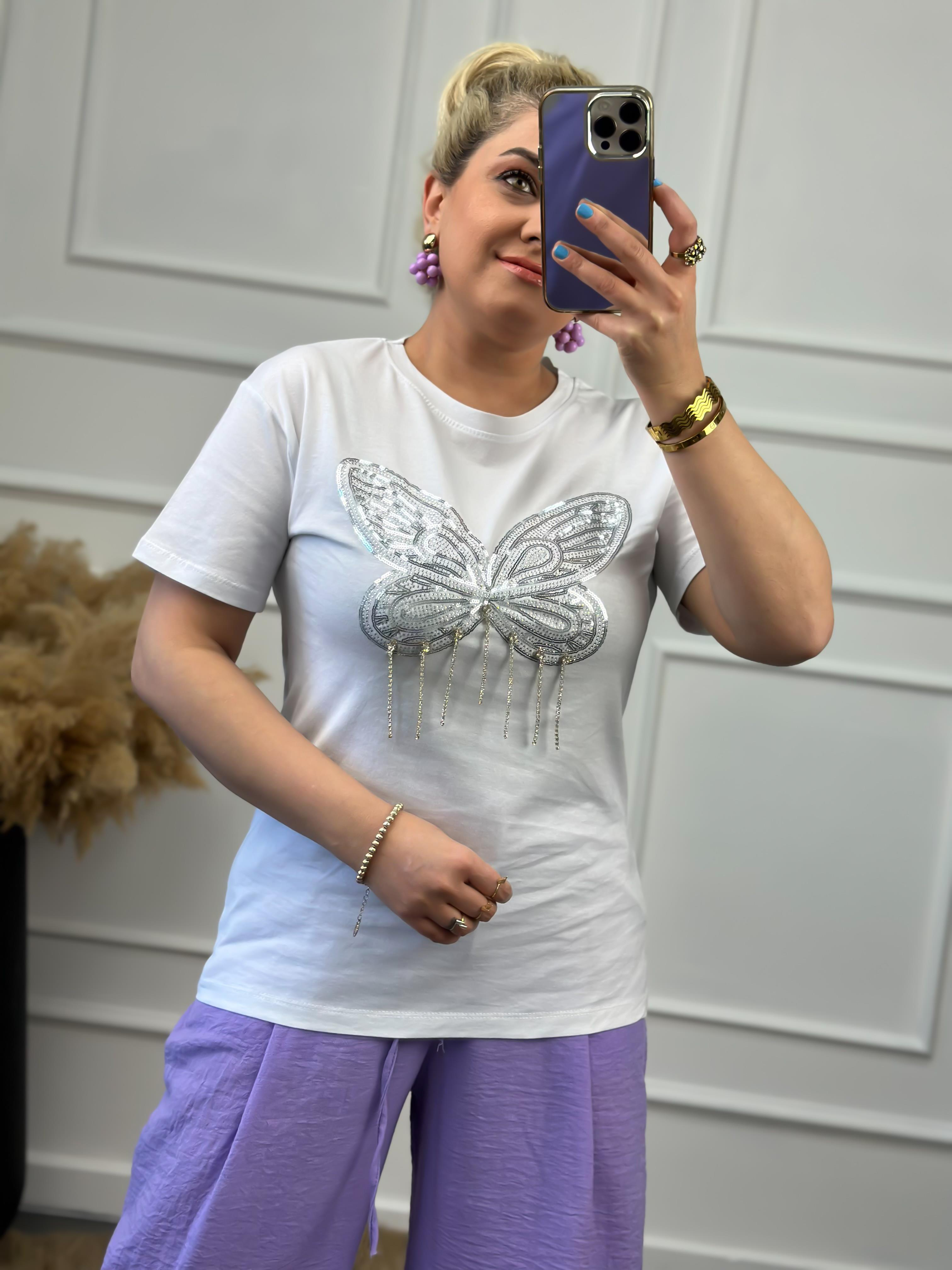 Kelebek Taş Detaylı Tshirt BEYAZ-23YUST000020
