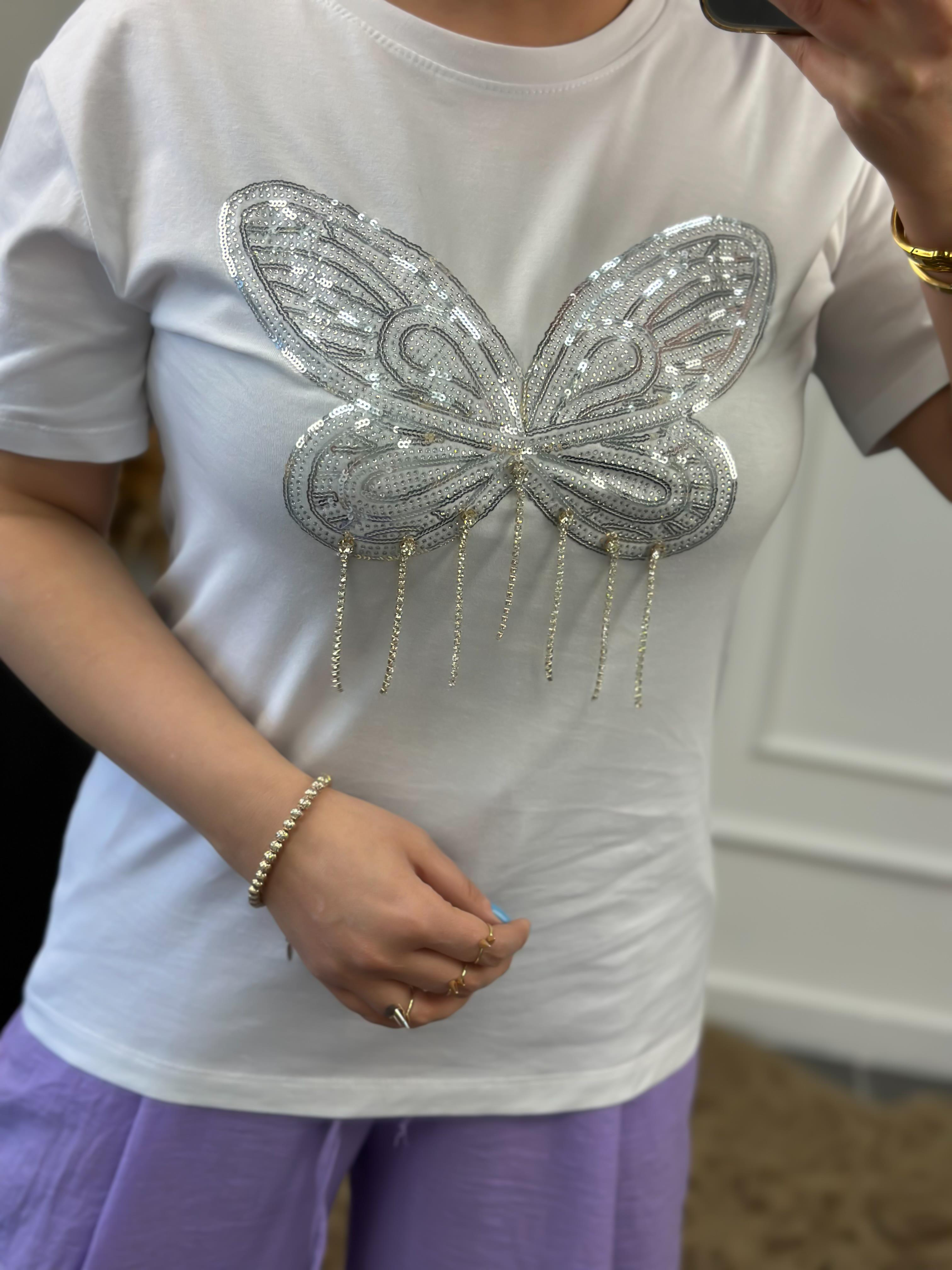 Kelebek Taş Detaylı Tshirt BEYAZ-23YUST000020