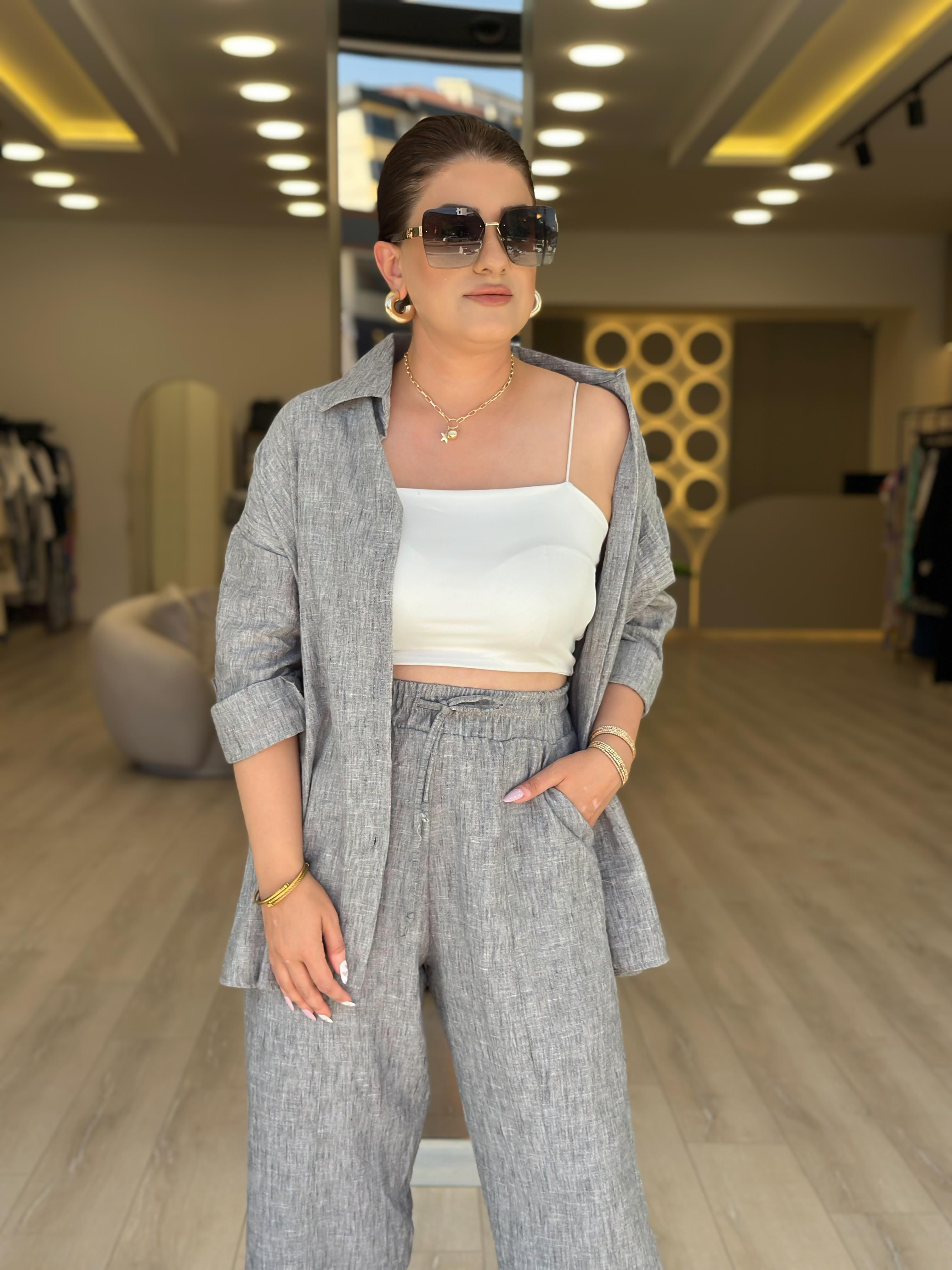 Keten Gömlek Pantolon Takım GRİ-23YUST000104