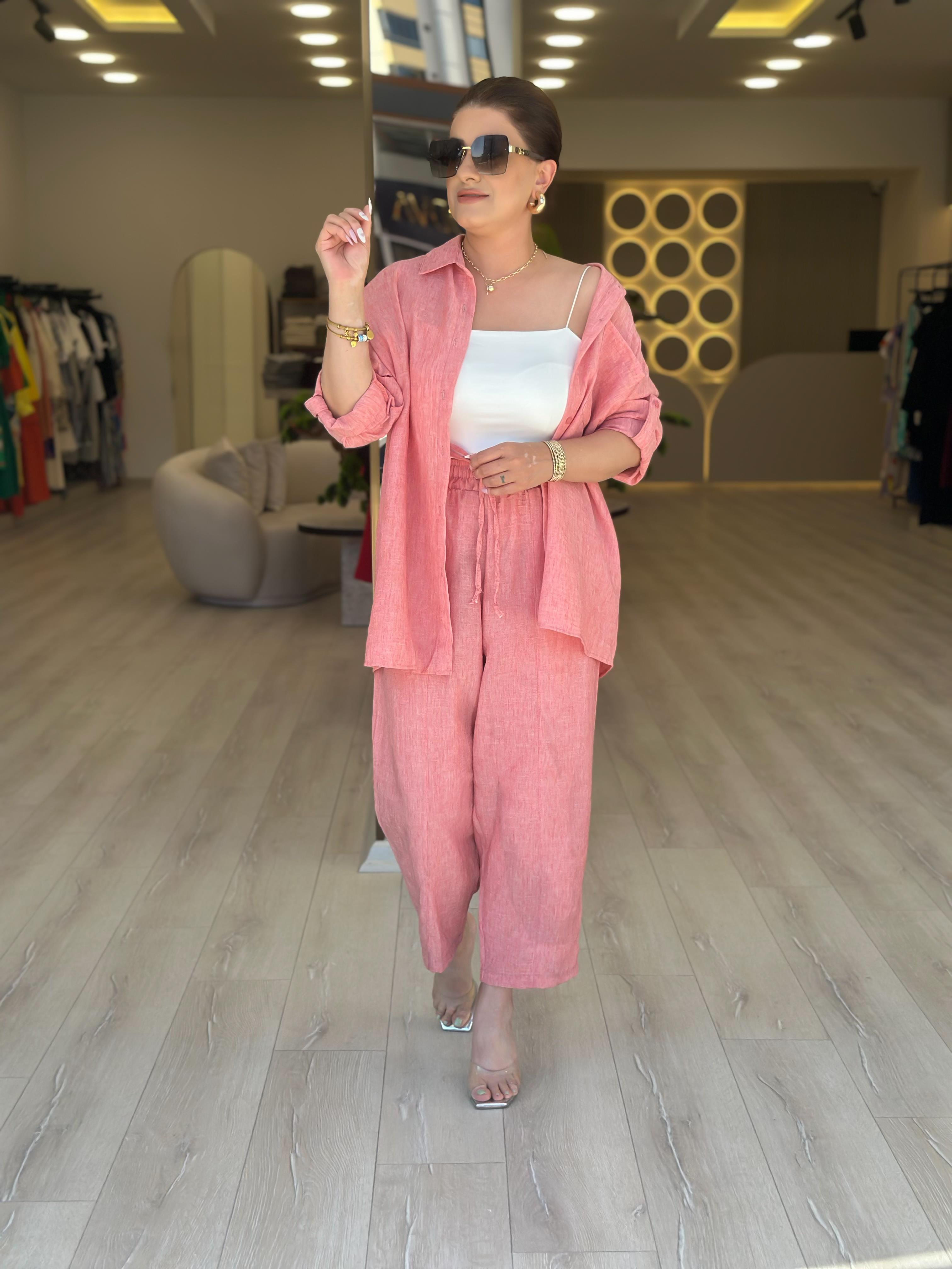 Keten Gömlek Pantolon Takım PEMBE-23YUST000104