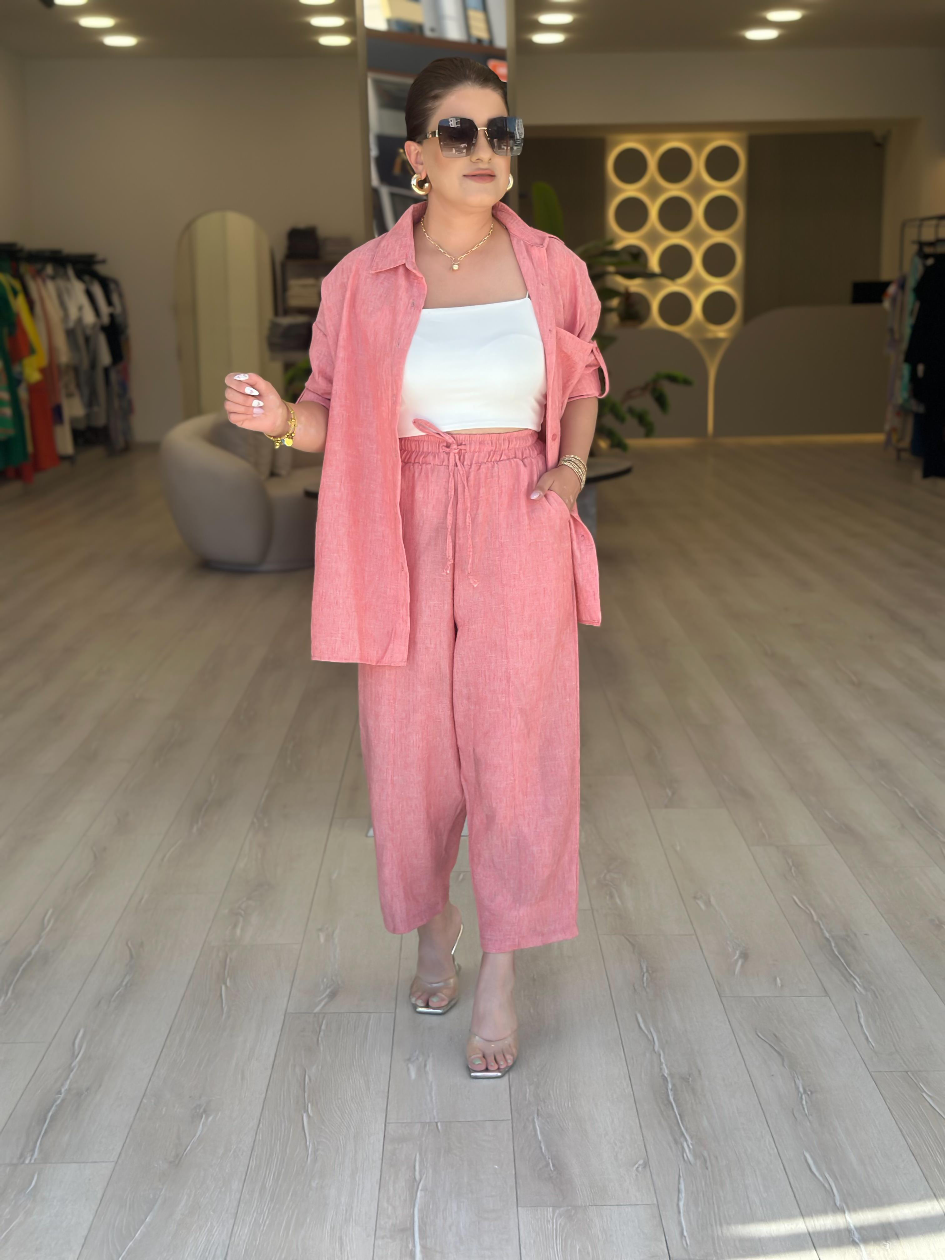 Keten Gömlek Pantolon Takım PEMBE-23YUST000104