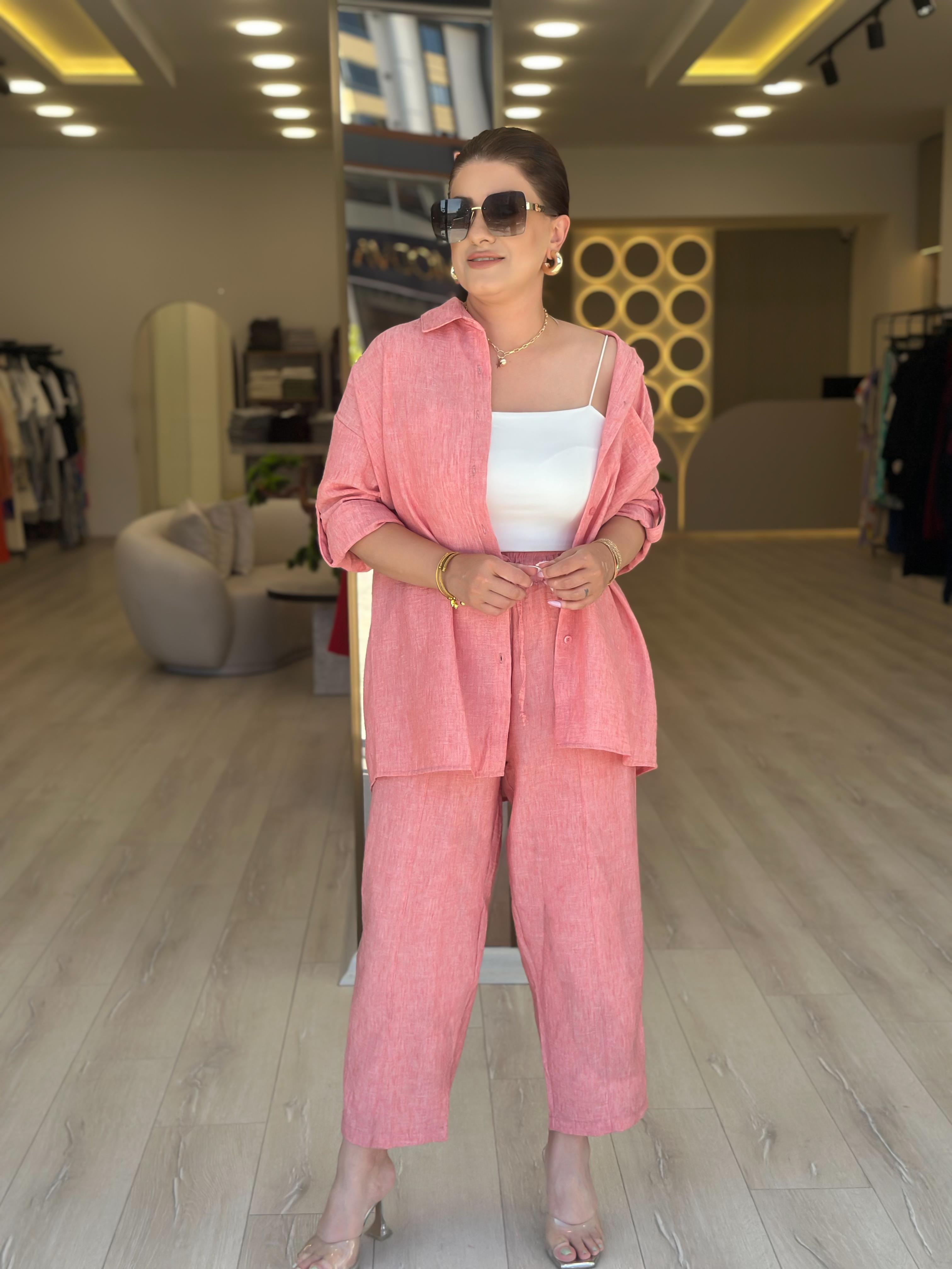 Keten Gömlek Pantolon Takım PEMBE-23YUST000104