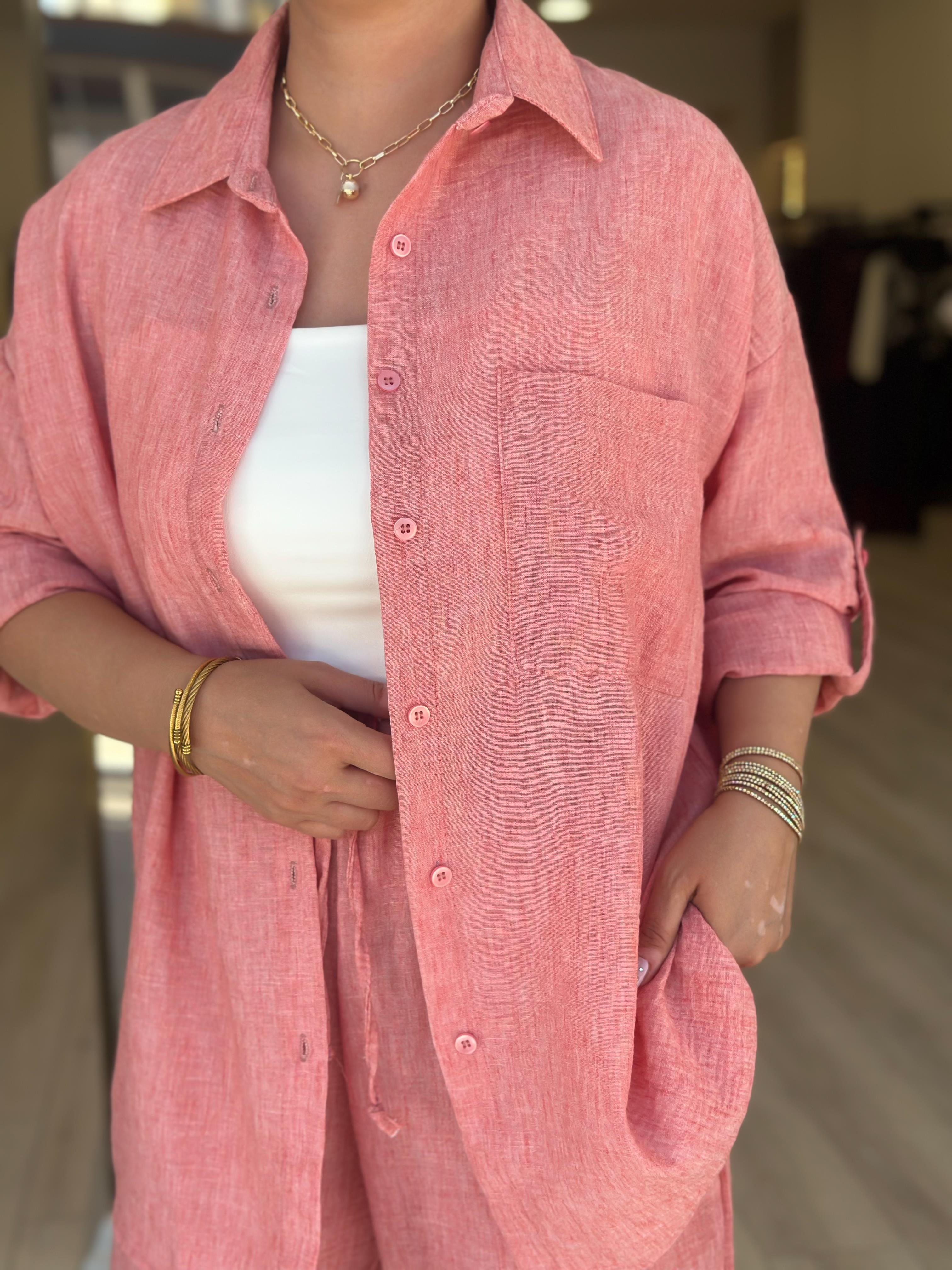 Keten Gömlek Pantolon Takım PEMBE-23YUST000104