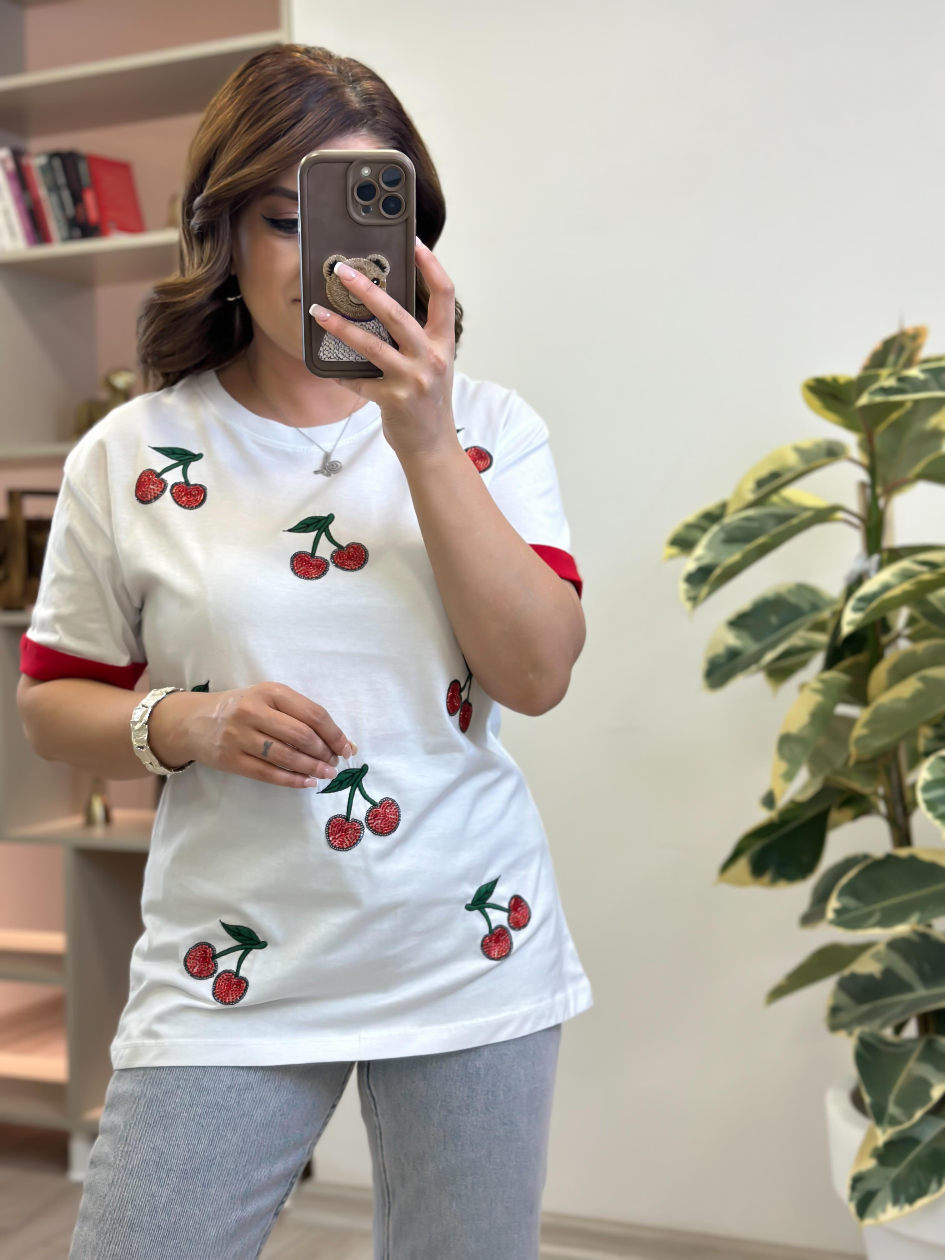 Kiraz Detaylı Tshirt BEYAZ-23YUST000233