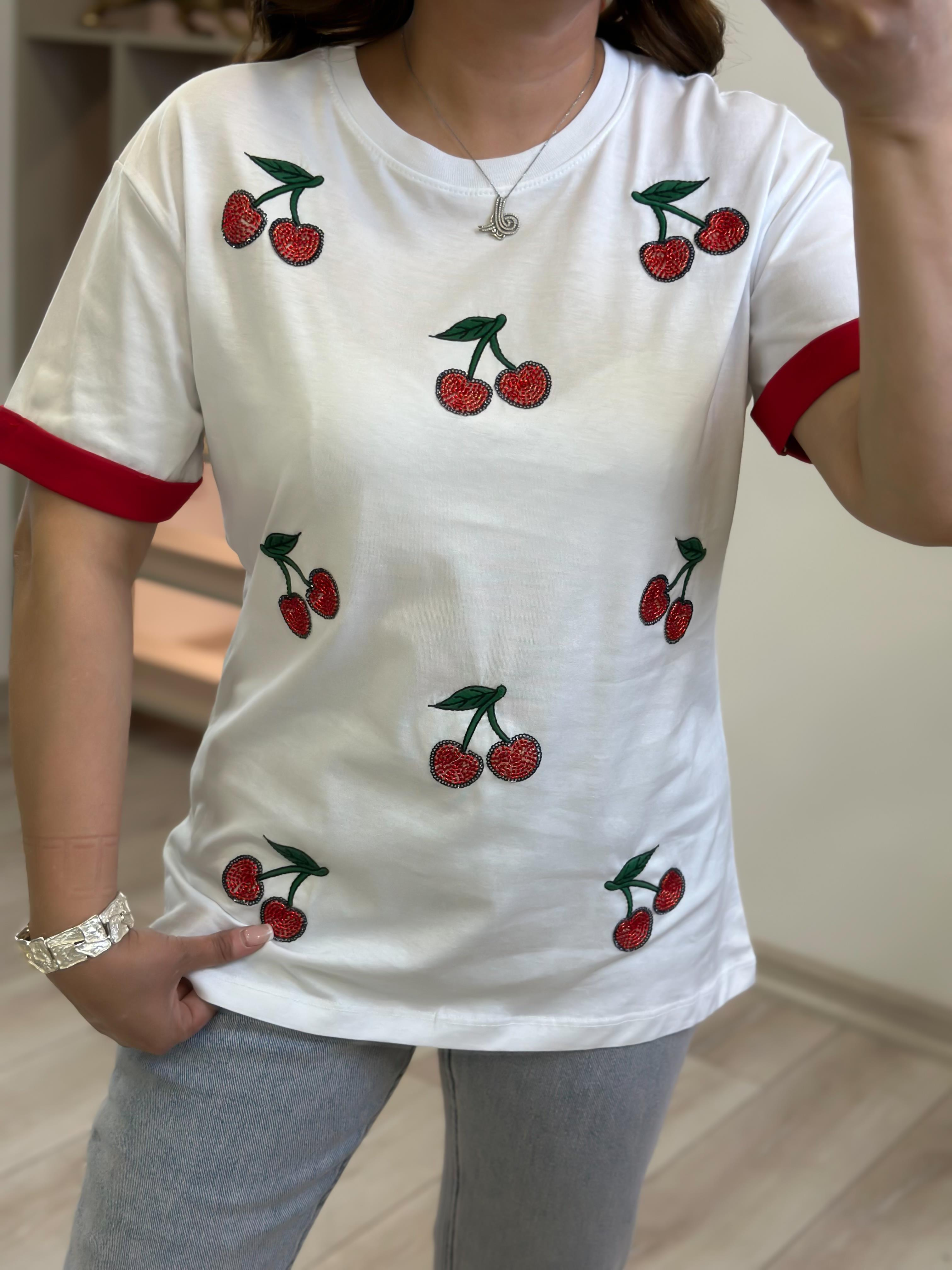 Kiraz Detaylı Tshirt BEYAZ-23YUST000233