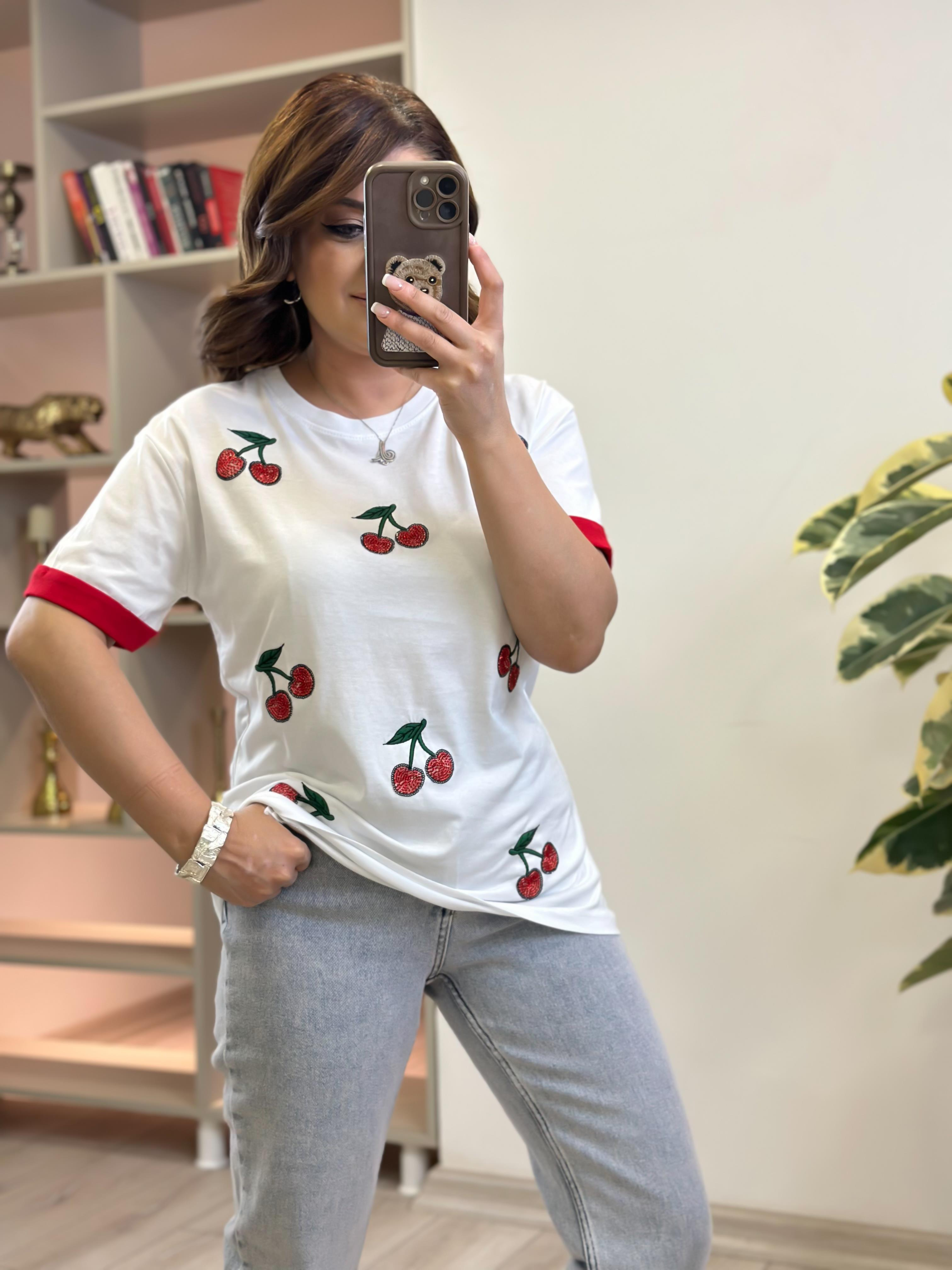 Kiraz Detaylı Tshirt BEYAZ-23YUST000233