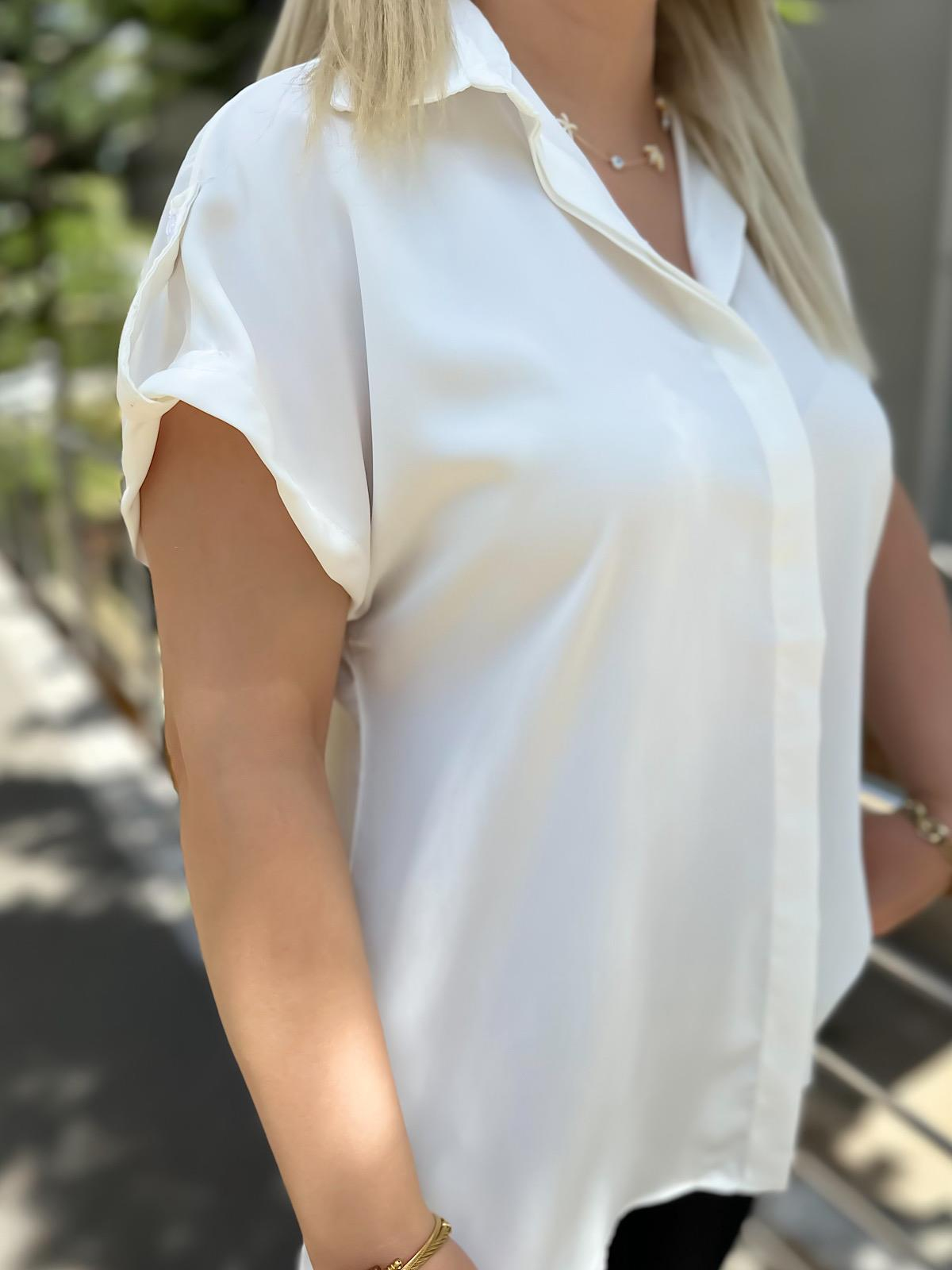 Kısa Kol Pamuk Saten Gömlek BEYAZ-23YUST000116