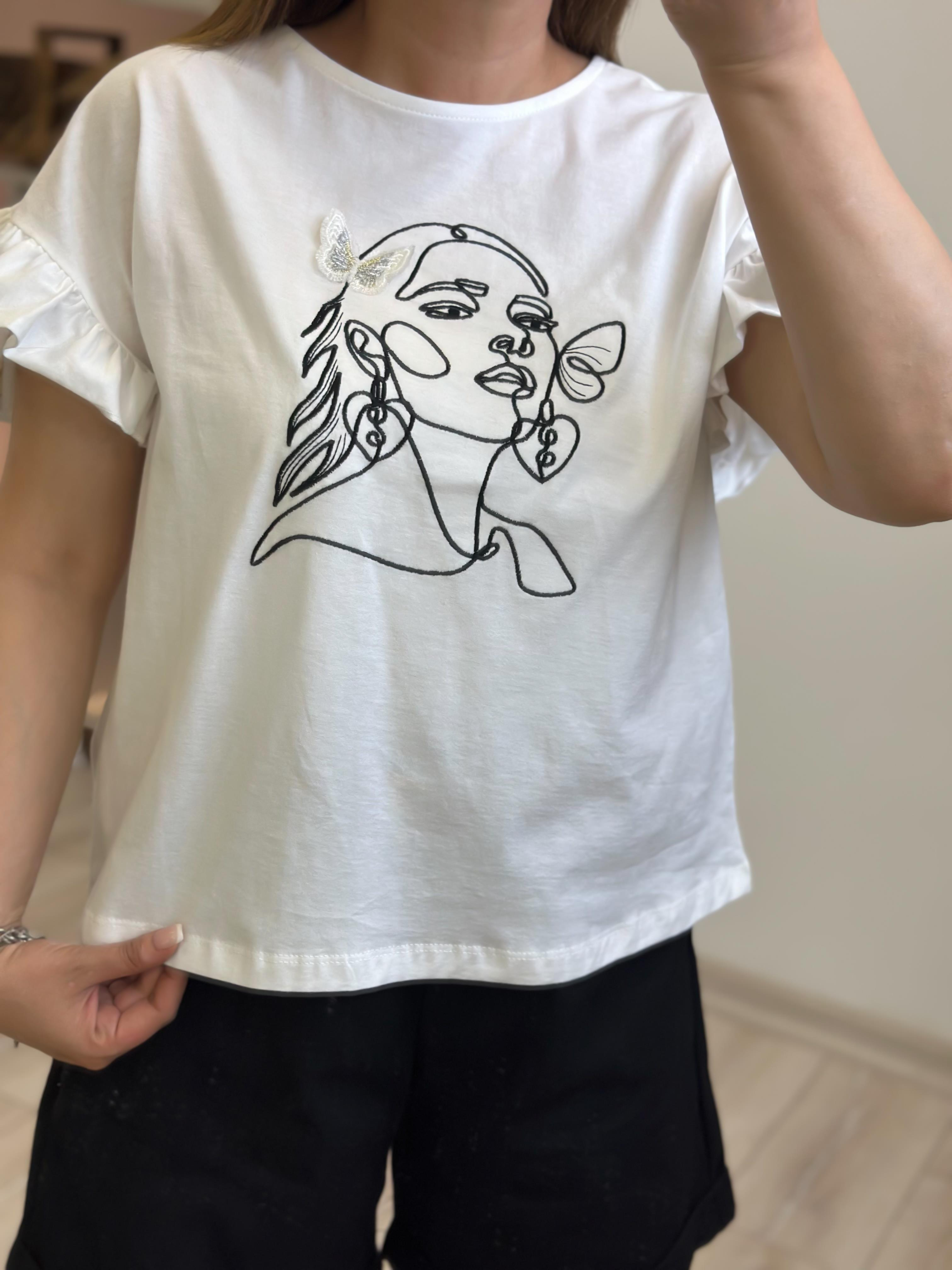 Kız Baskılı Kolları Fırfırlı Tshirt EKRU-23YUST000202