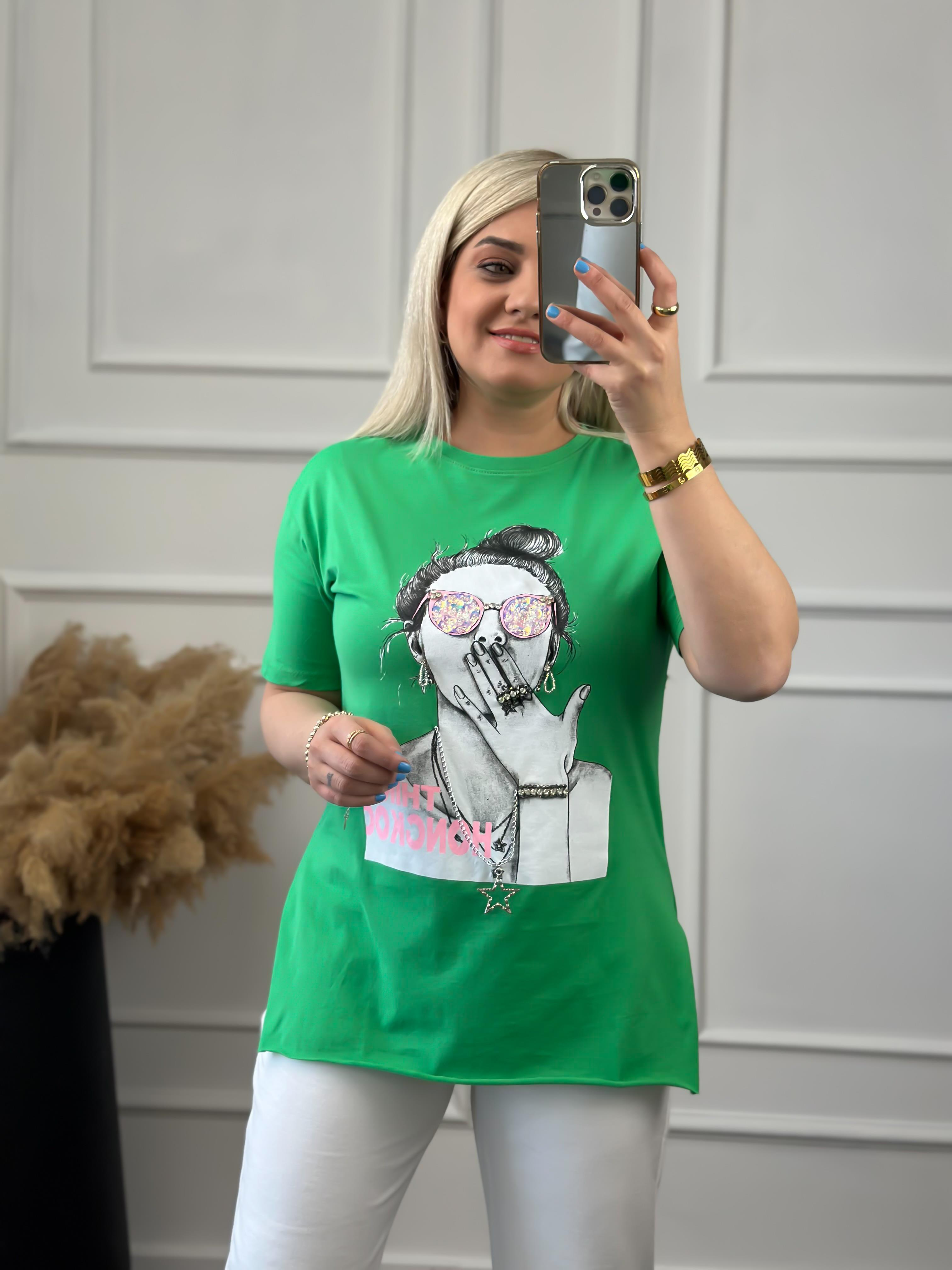 Kız Desenli Taş İşlemeli Tshirt YEŞİL-23YUST000013