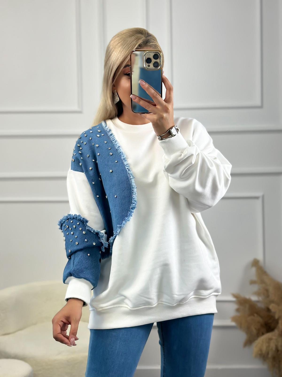 Kol Ve Omuzu Kot Garinli Taş İşlemli Bisiklet Yaka Sweatshirt BEYAZ-23YUST000147