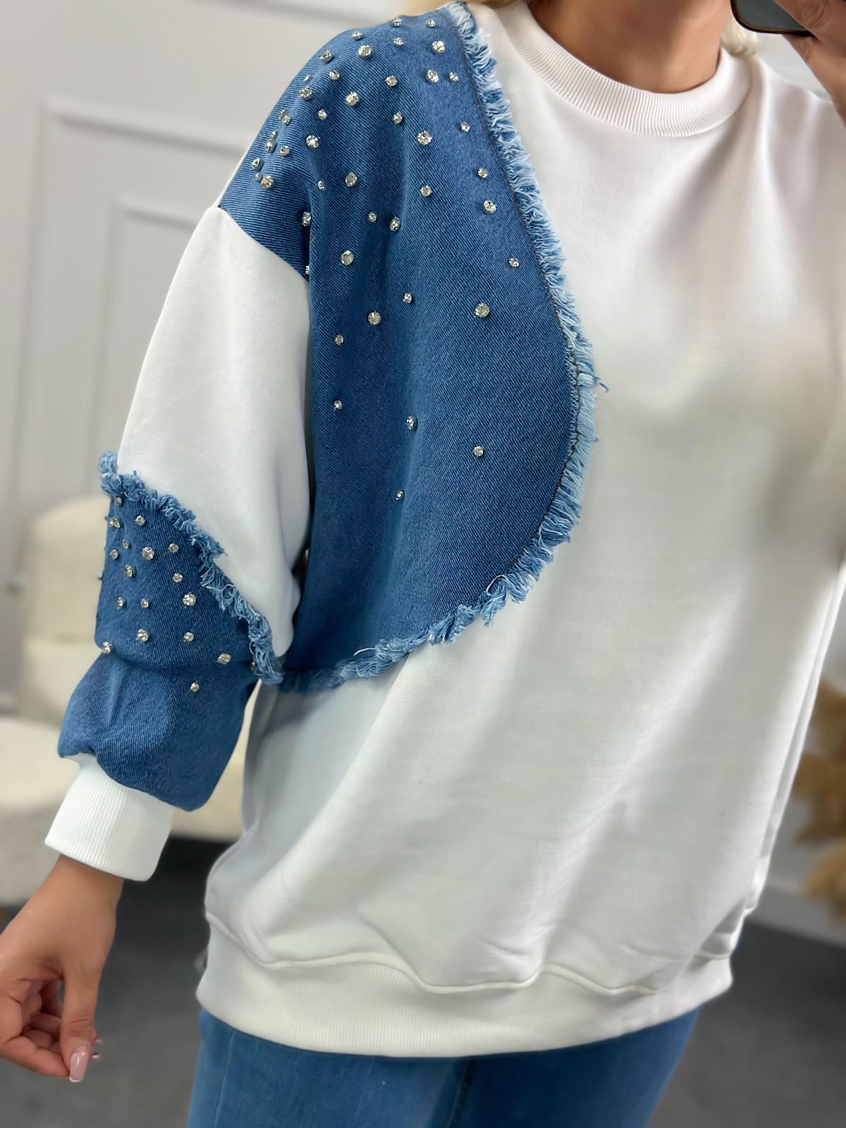 Kol Ve Omuzu Kot Garinli Taş İşlemli Bisiklet Yaka Sweatshirt BEYAZ-23YUST000147