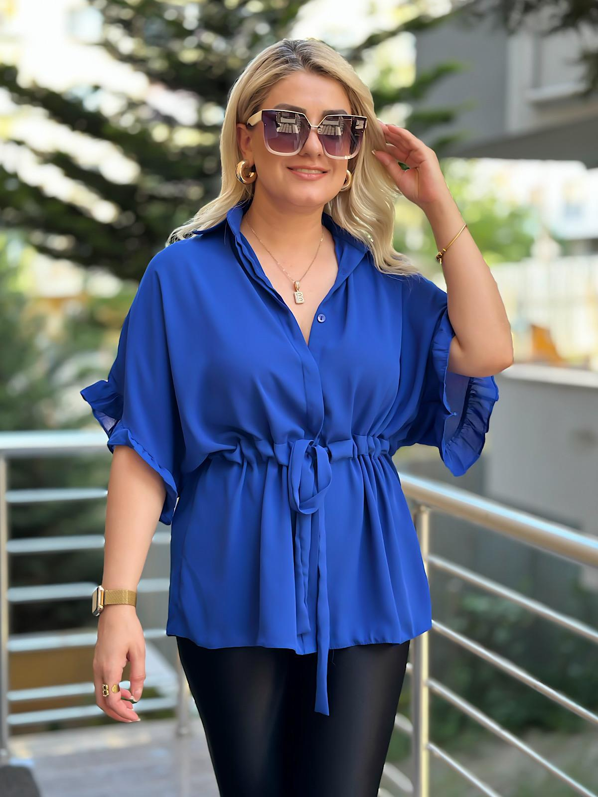 Kolları Fırfırlı Belden Büzgü Detaylı Gömlek Bluz SAKS-23YUST000127