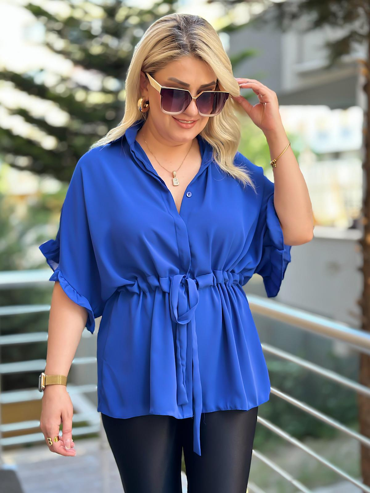 Kolları Fırfırlı Belden Büzgü Detaylı Gömlek Bluz SAKS-23YUST000127