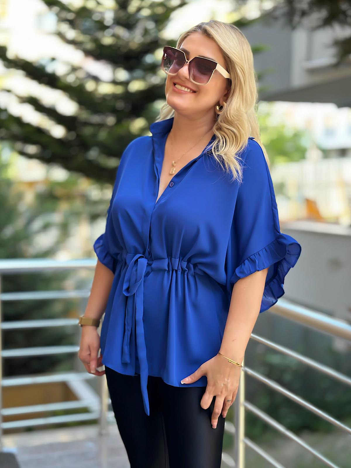 Kolları Fırfırlı Belden Büzgü Detaylı Gömlek Bluz SAKS-23YUST000127