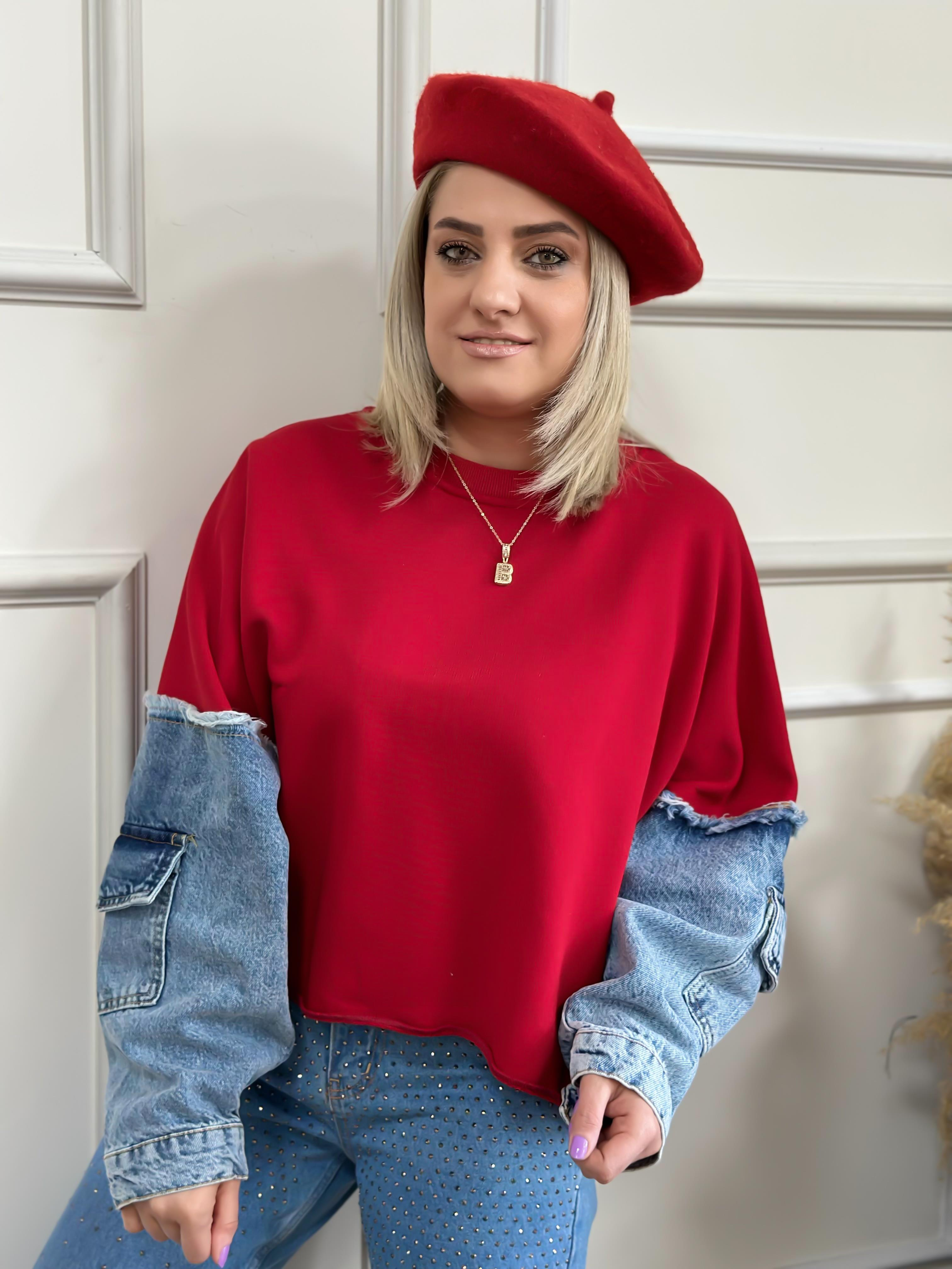 Kolları Kot Detaylı Sweatshirt KIRMIZI-23KUST000030