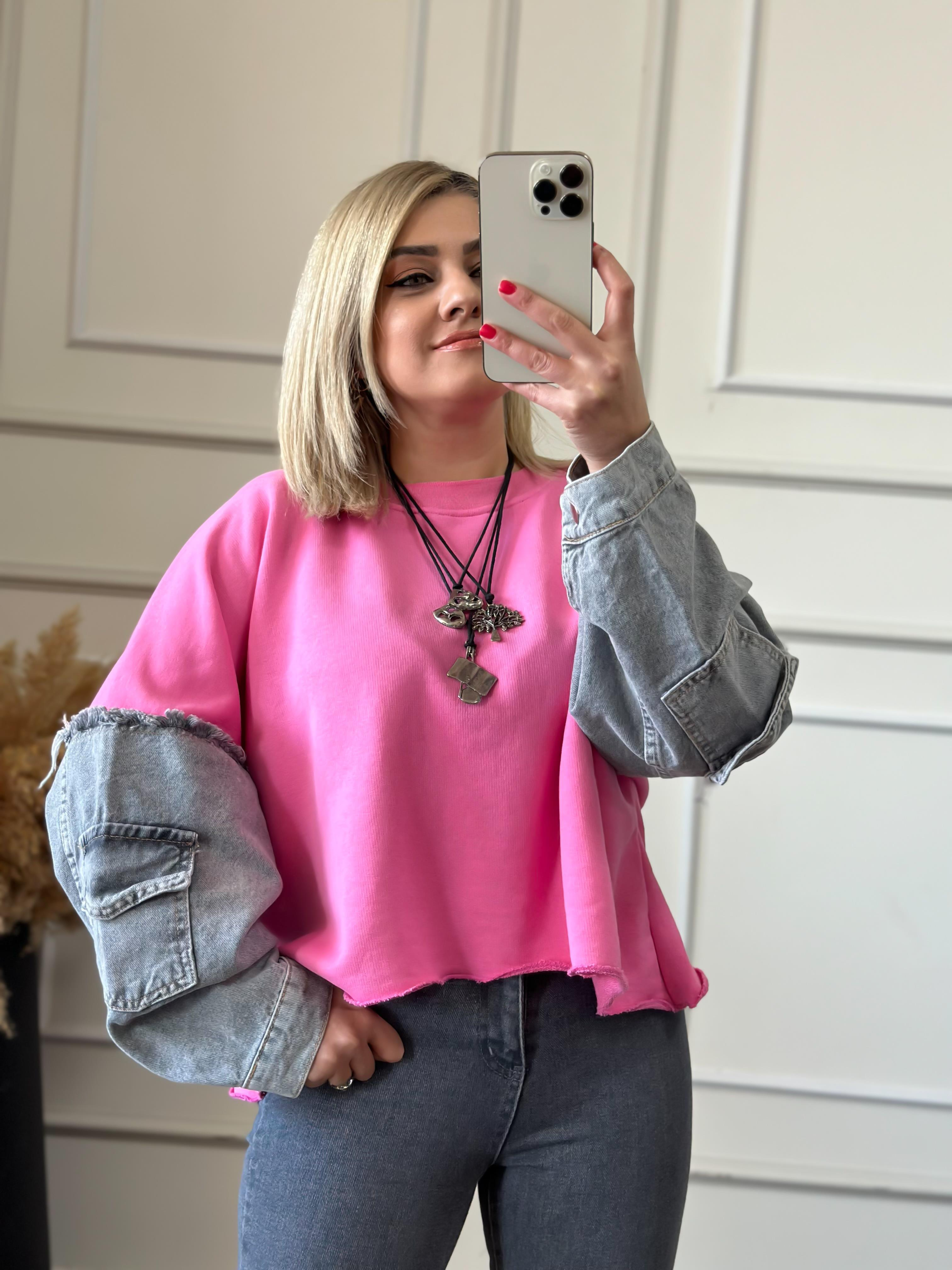 Kolları Kot Detaylı Sweatshirt PEMBE-23KUST000030