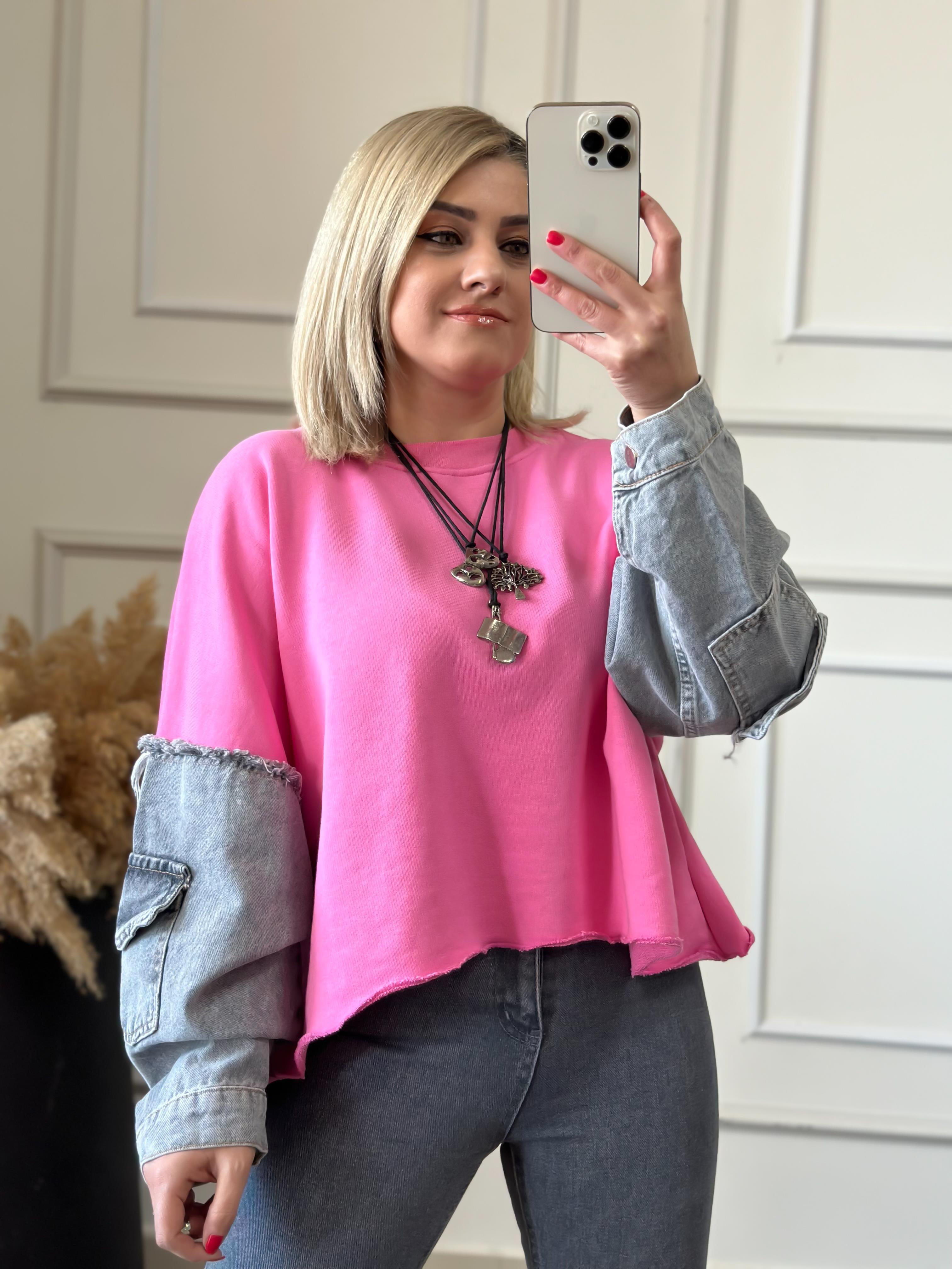 Kolları Kot Detaylı Sweatshirt PEMBE-23KUST000030