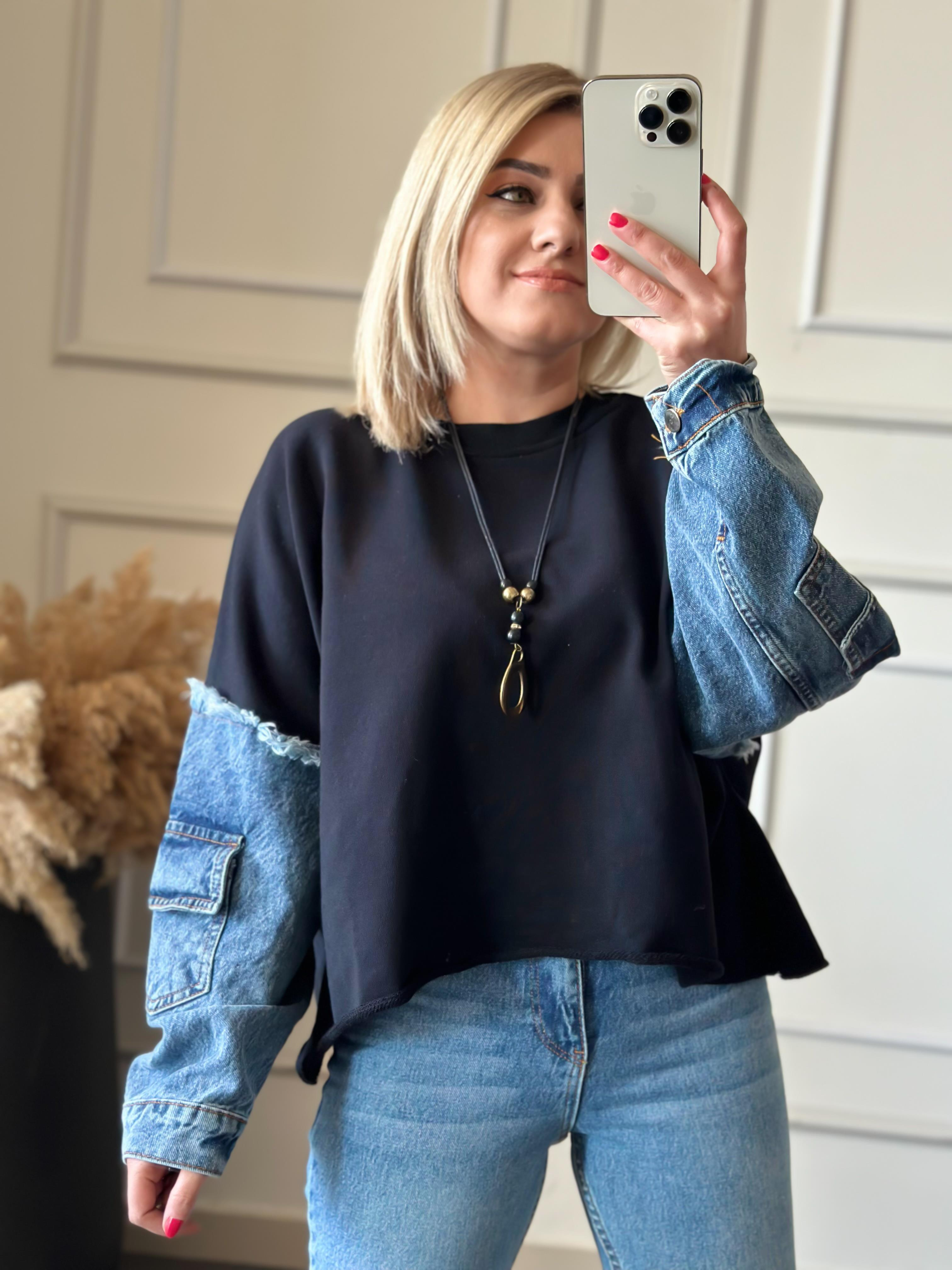 Kolları Kot Detaylı Sweatshirt SİYAH-23KUST000030